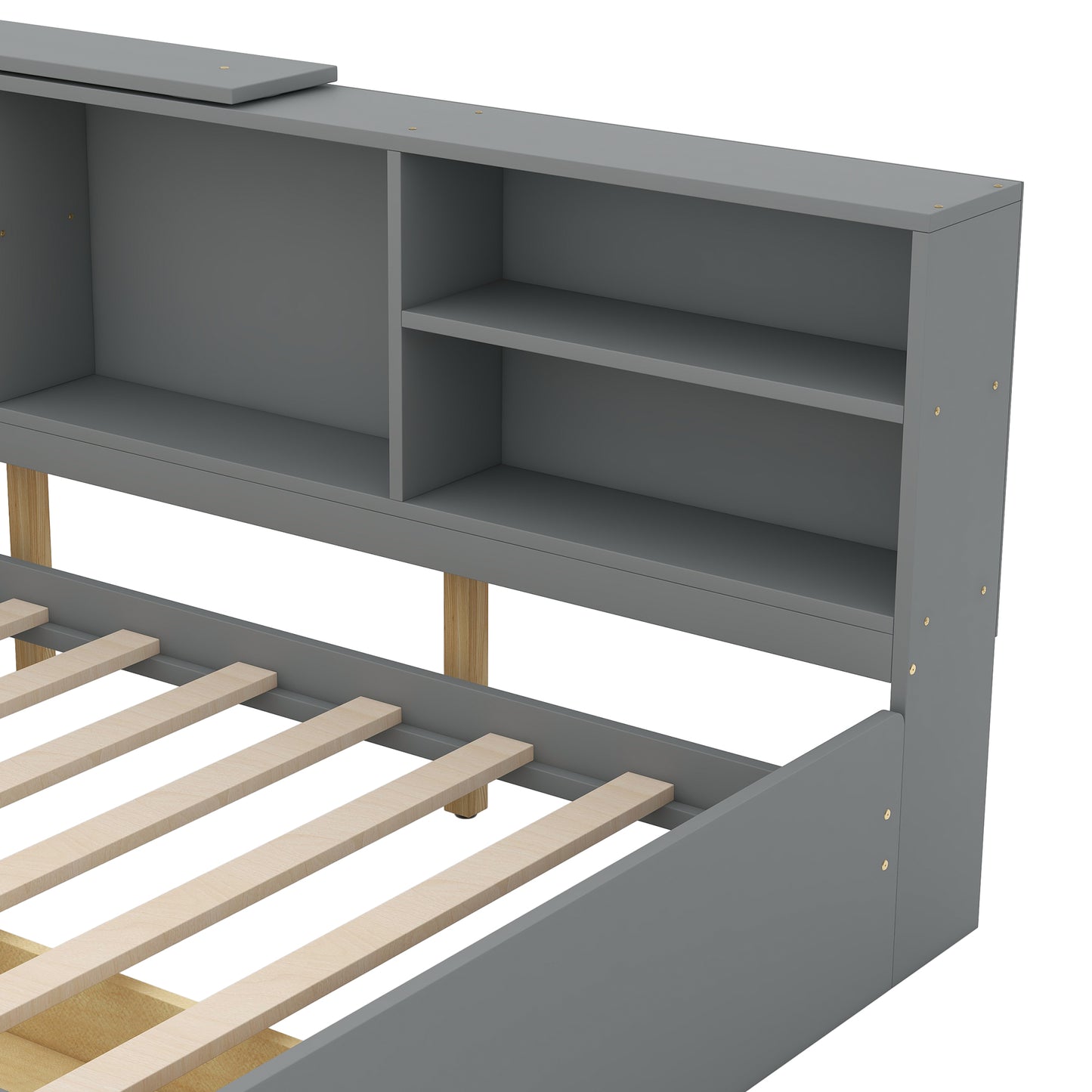 Grey modern twin bed with builtin bookshelf headboard and wooden slats