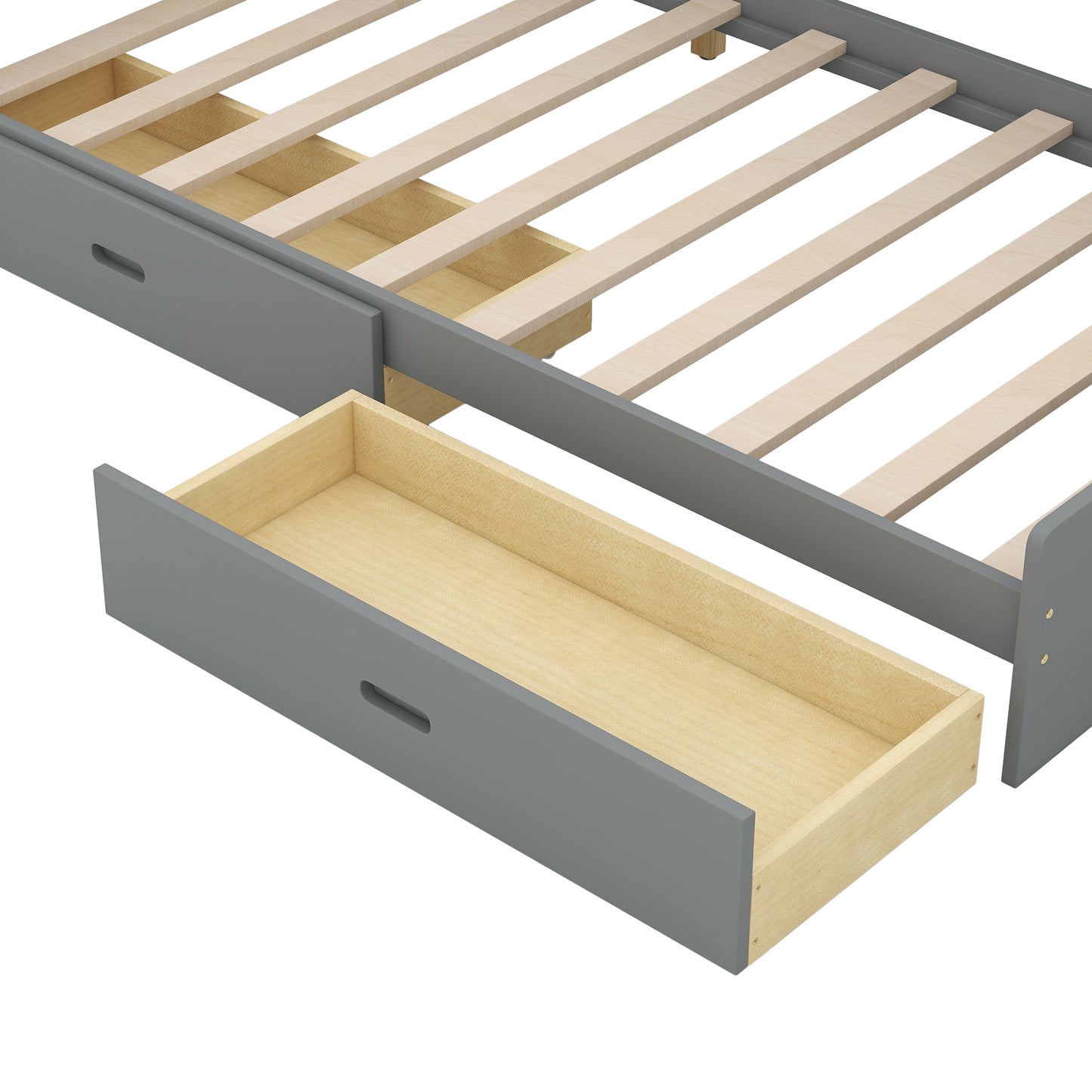 Gray wooden bed frame with open storage drawer and slatted base
