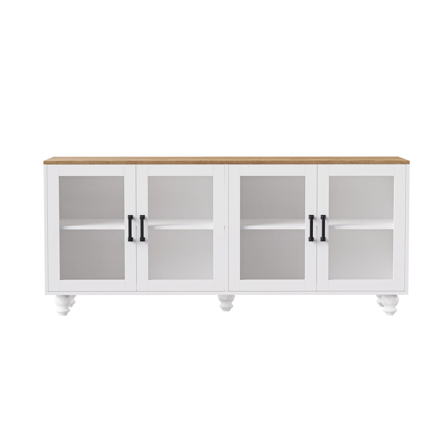 White sideboard with glass doors and oak top