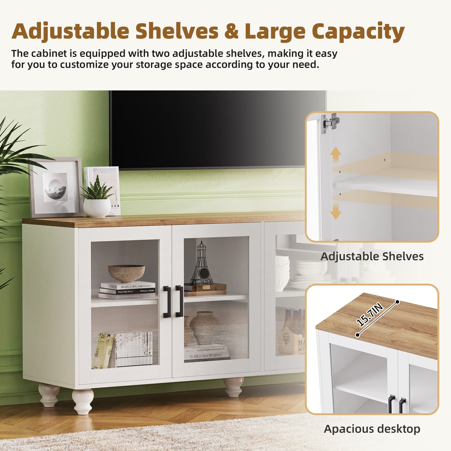 White and wood media console with glass doors and adjustable shelves