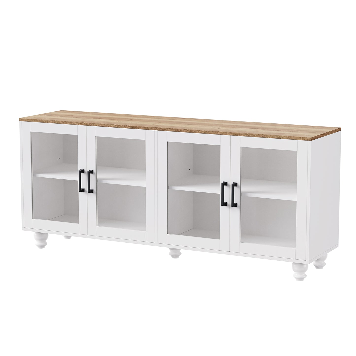 White media console with glass doors and oak top