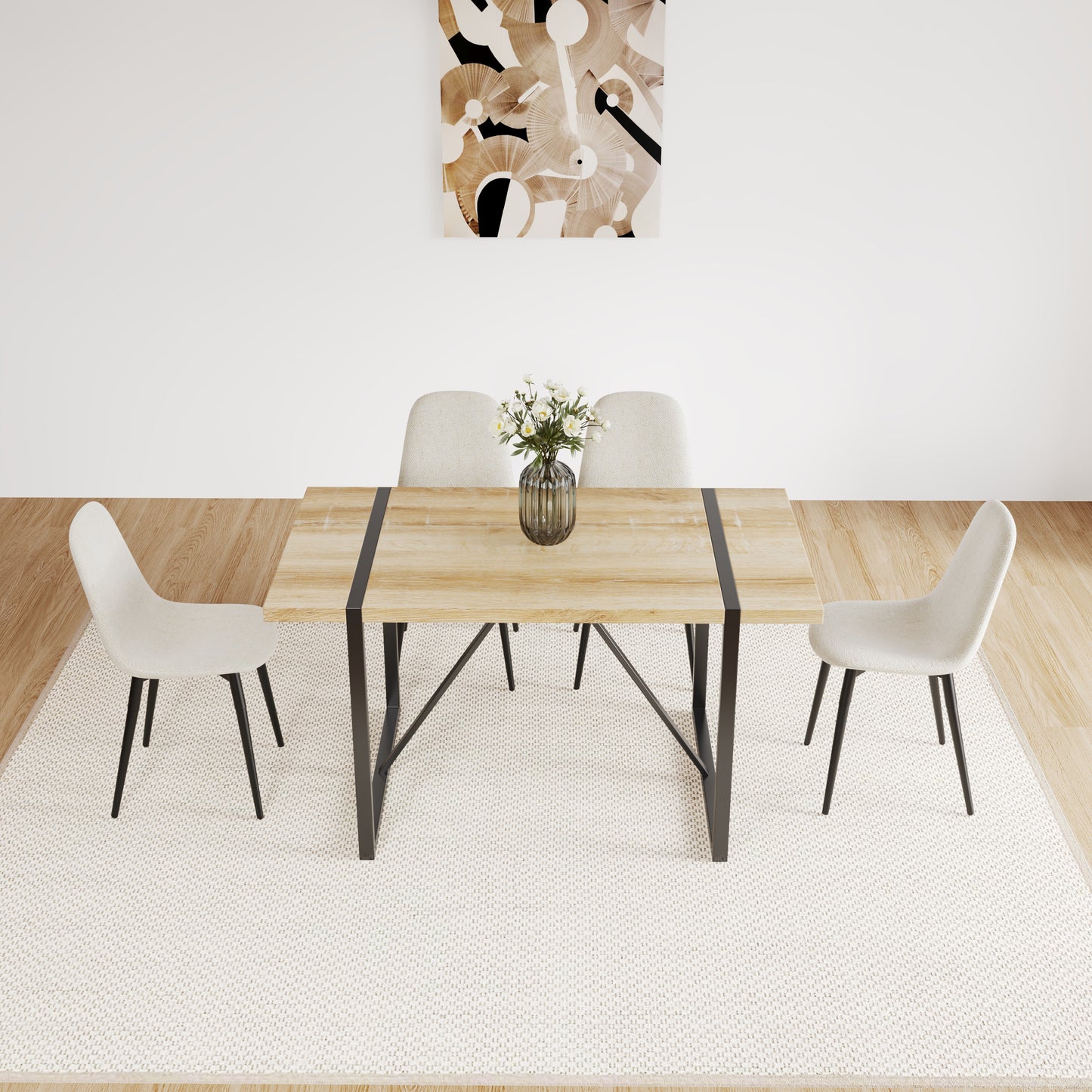 Light oak dining table with black metal legs and beige upholstered chairs