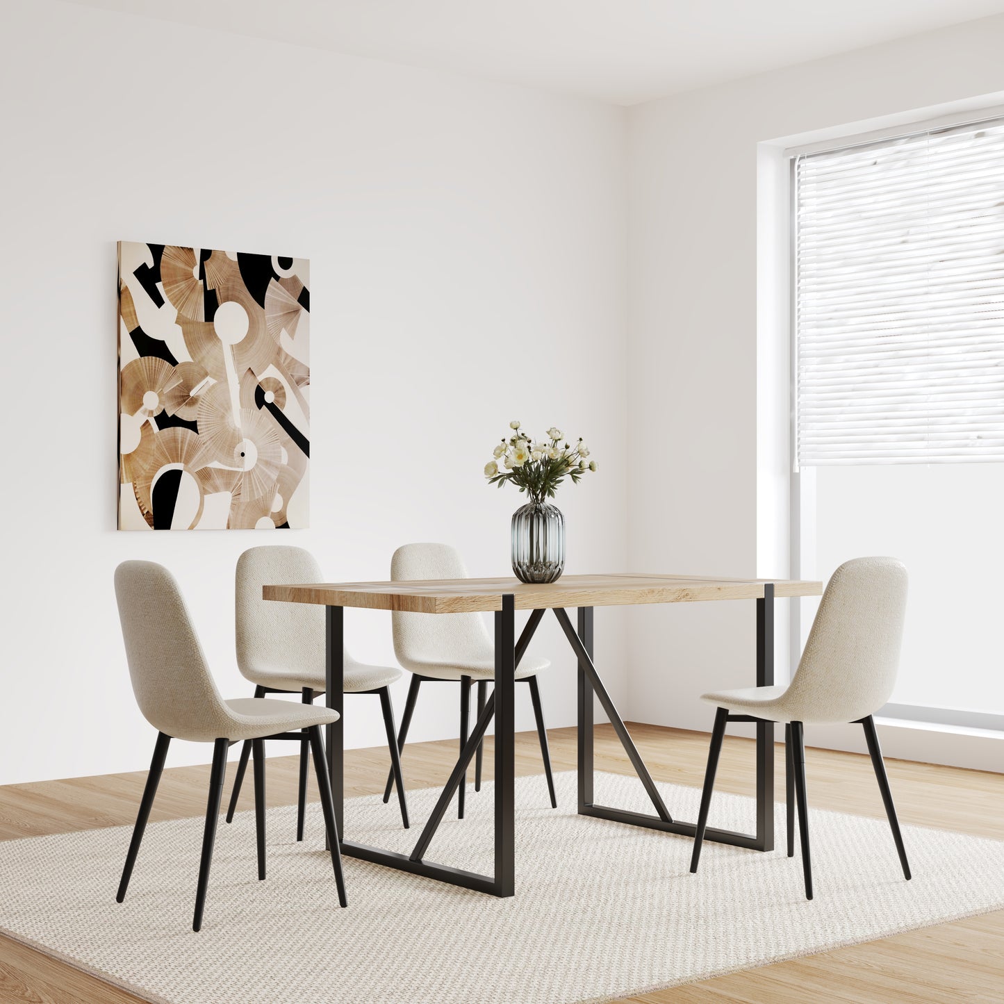 Modern oak dining table with black metal legs and four cream upholstered chairs