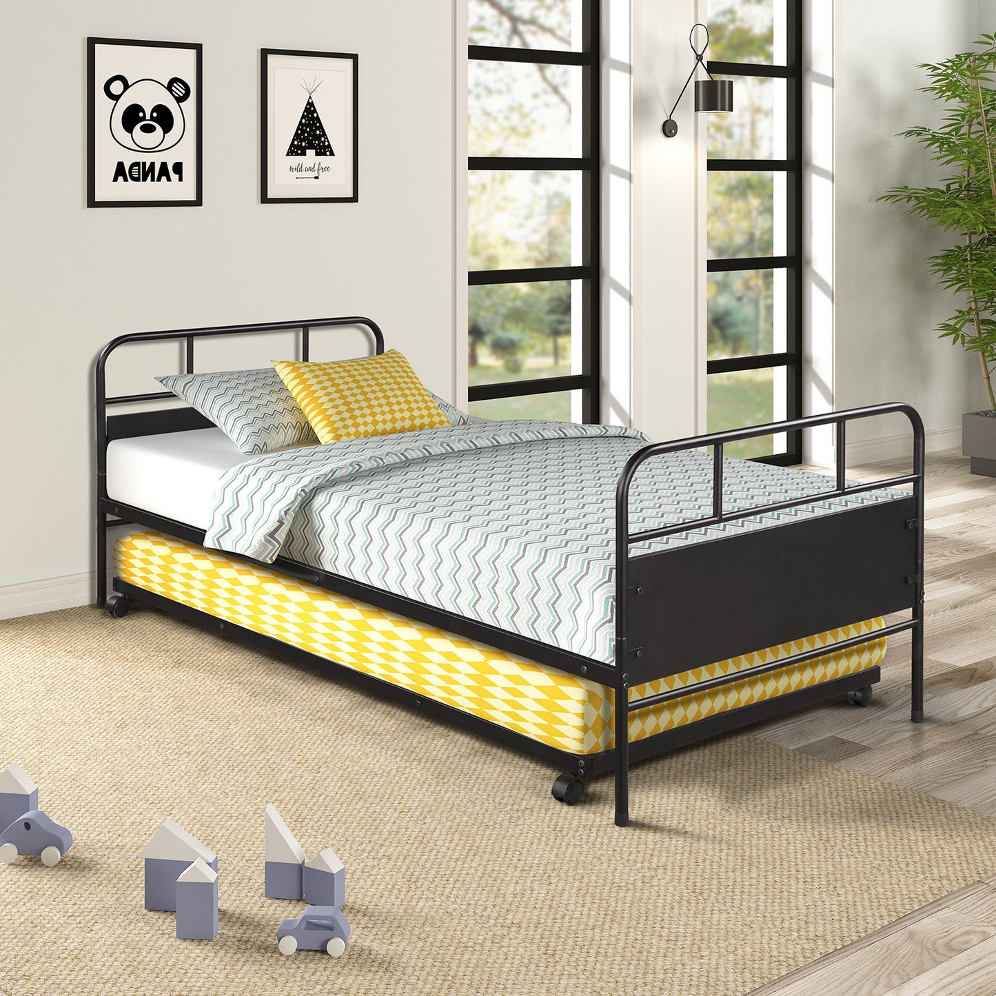 Black metal twin bed with a pullout trundle bed