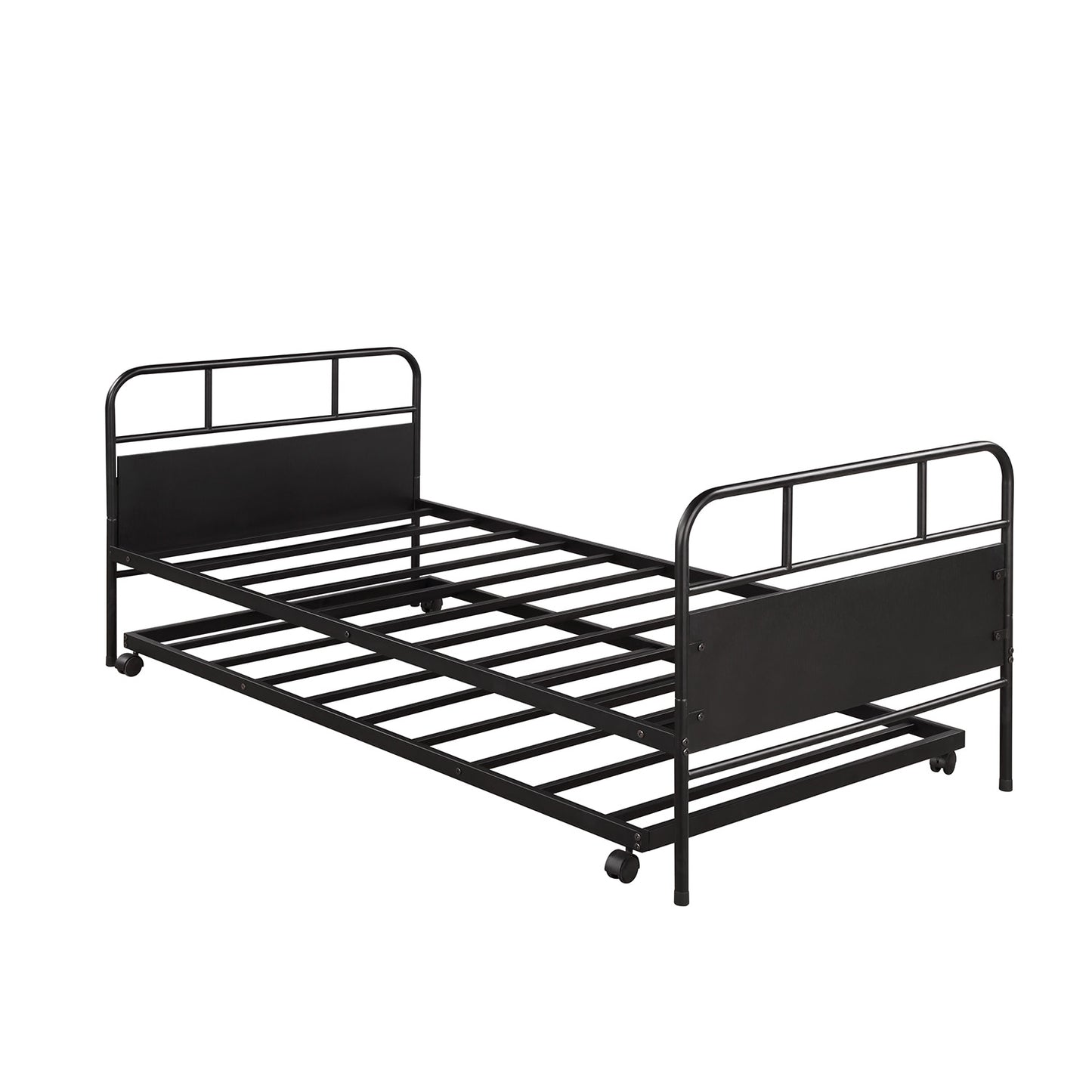 Black metal twin daybed with trundle on wheels