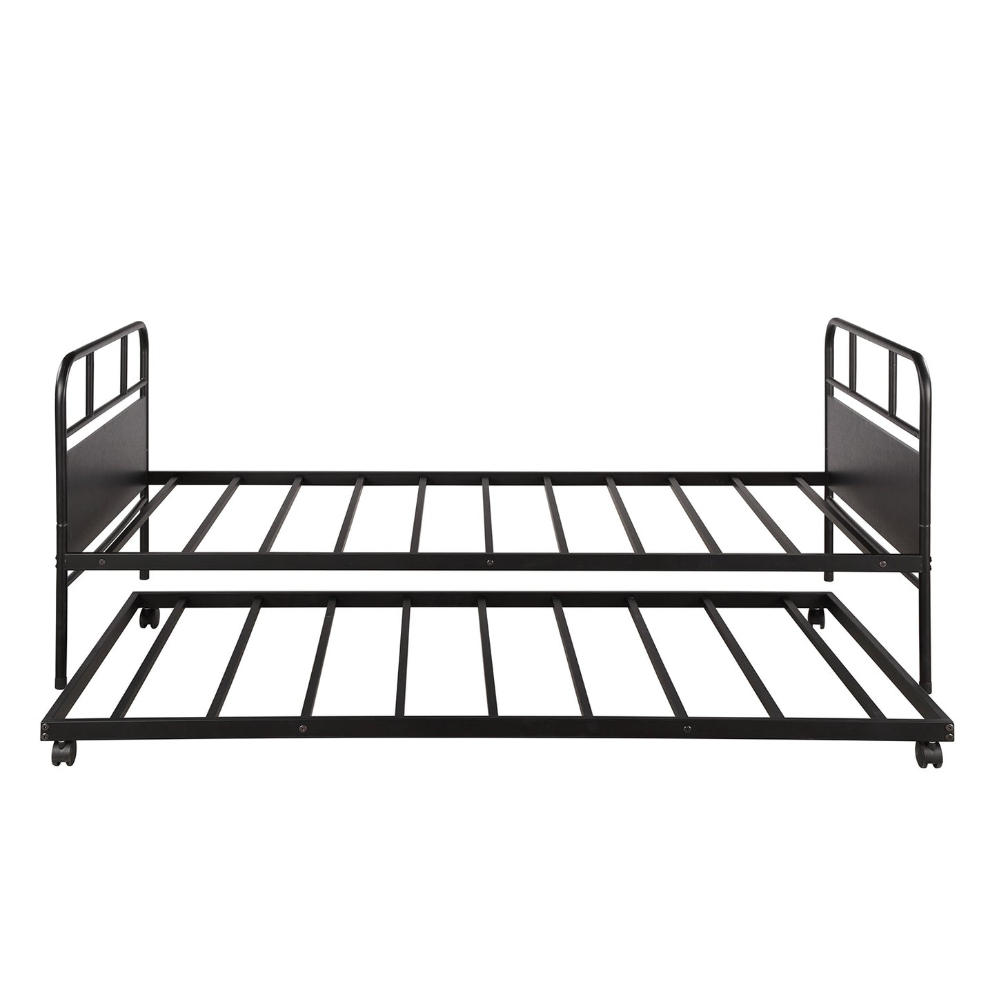 Black metal twin trundle bed frame with rolling wheels