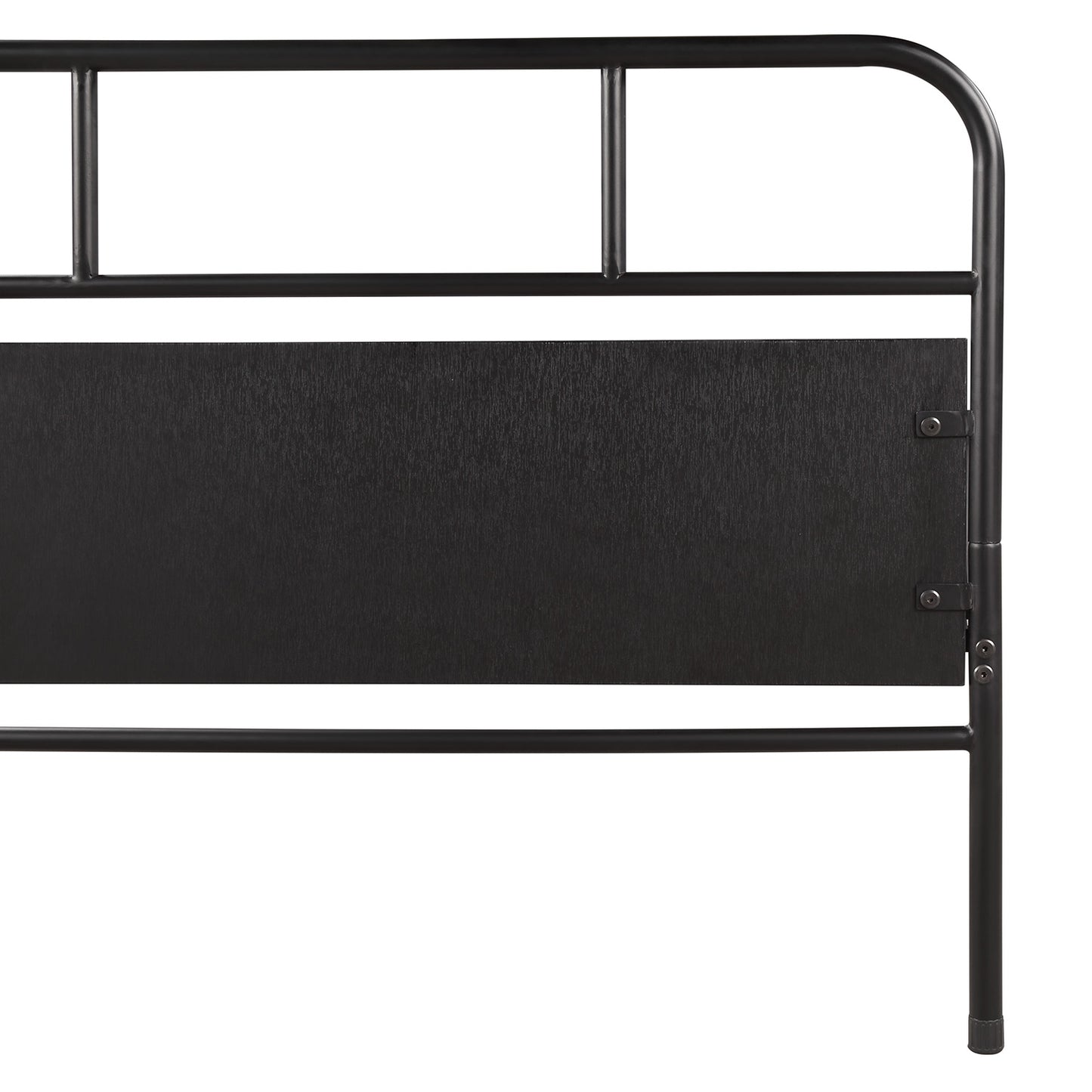 Black metal industrial headboard with wood panel insert