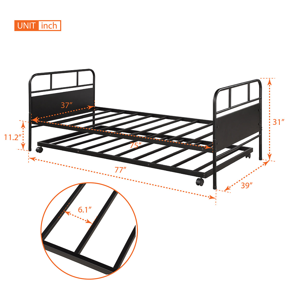 Black metal twin size daybed frame with trundle