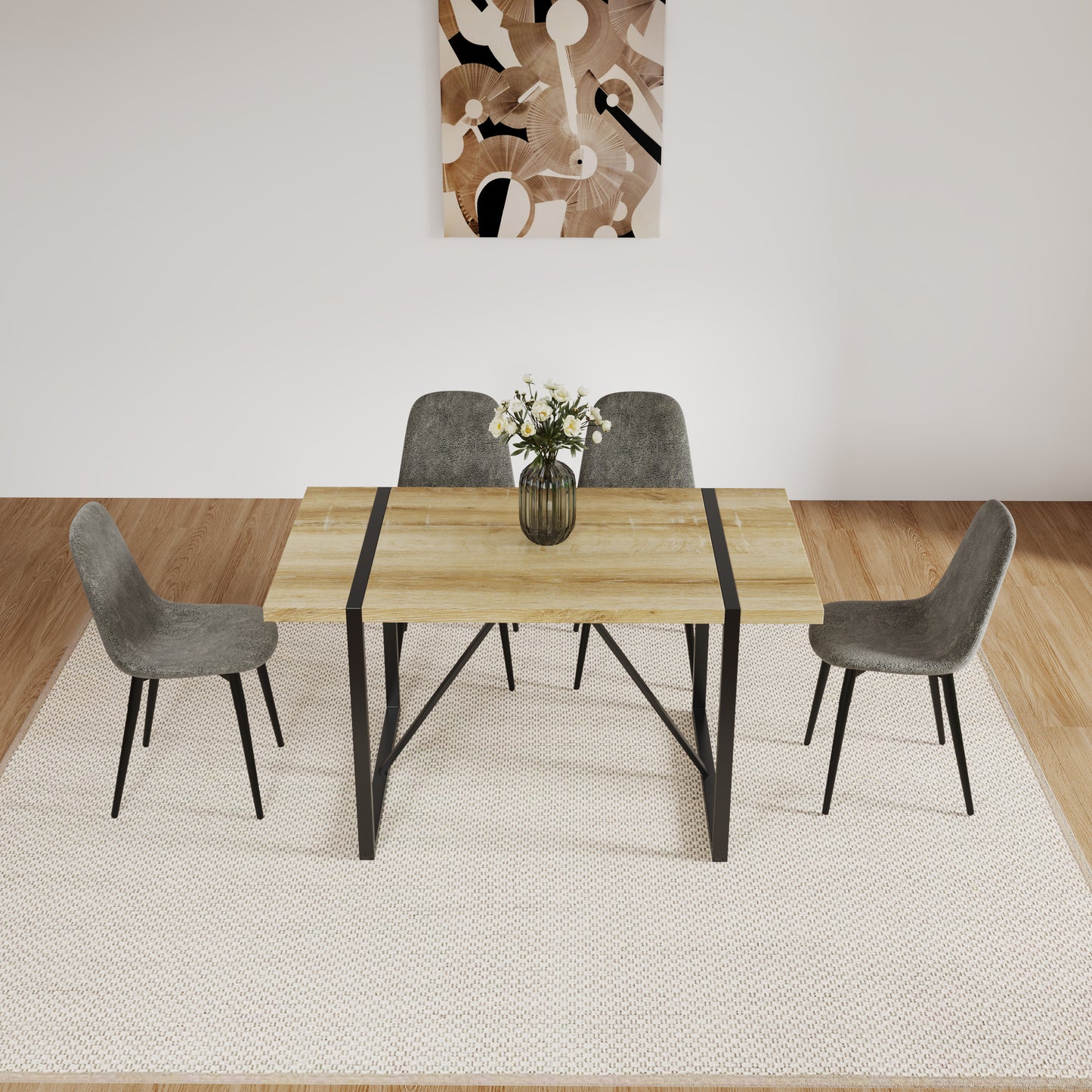 Modern dining table with oak top and black metal legs seats four