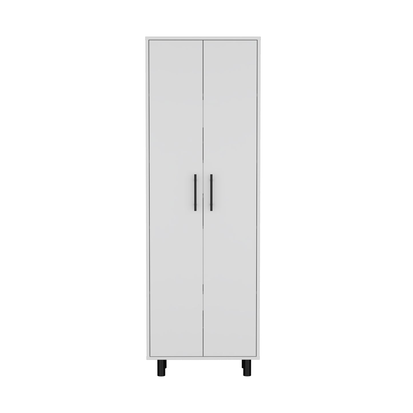 Tall white storage cabinet with two black handle doors and black legs