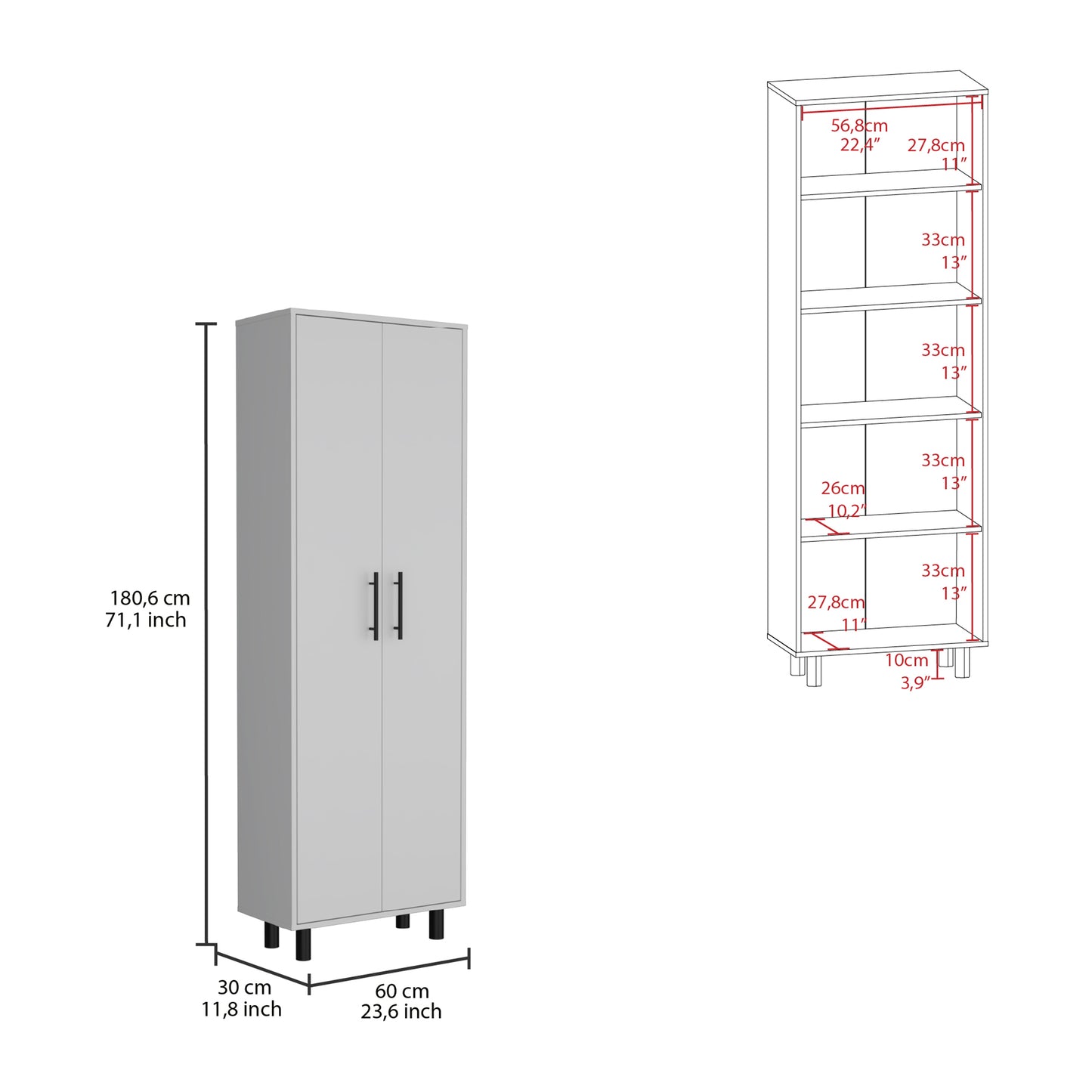 Slim white storage cabinet with two doors and black handles