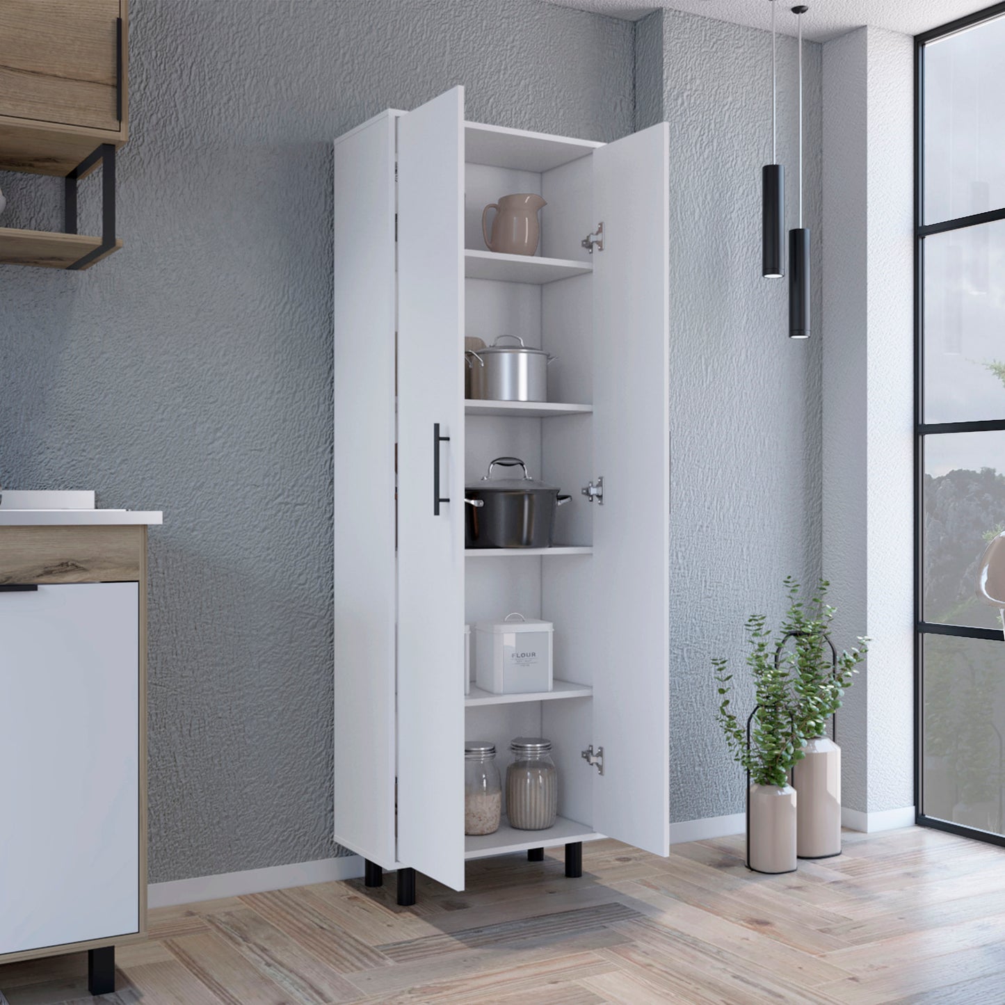 White tall kitchen pantry cabinet with open doors revealing cookware and jars