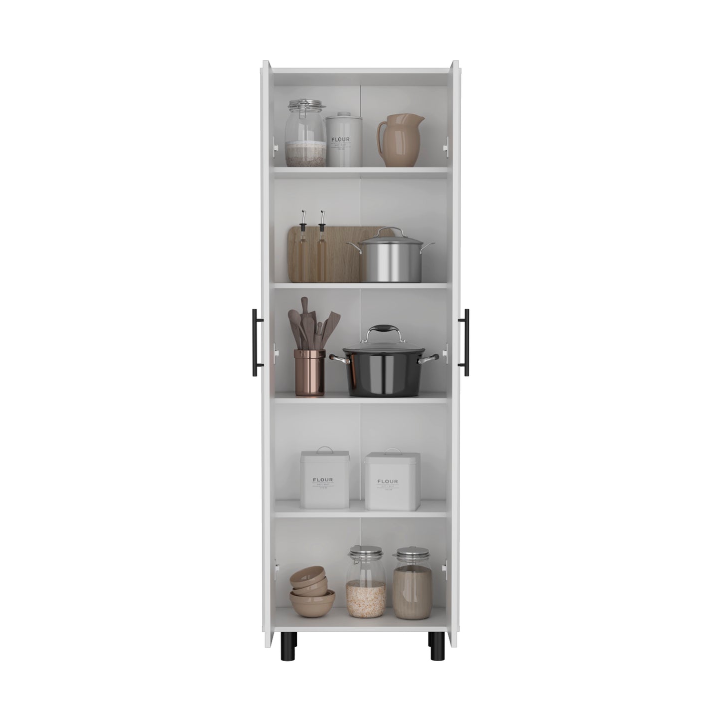 White kitchen pantry cabinet with clear glass jars and canisters