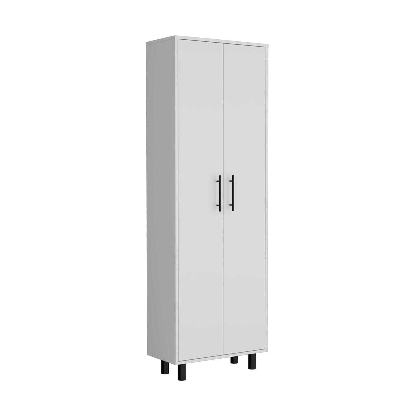 Tall white storage cabinet with two doors and black handles