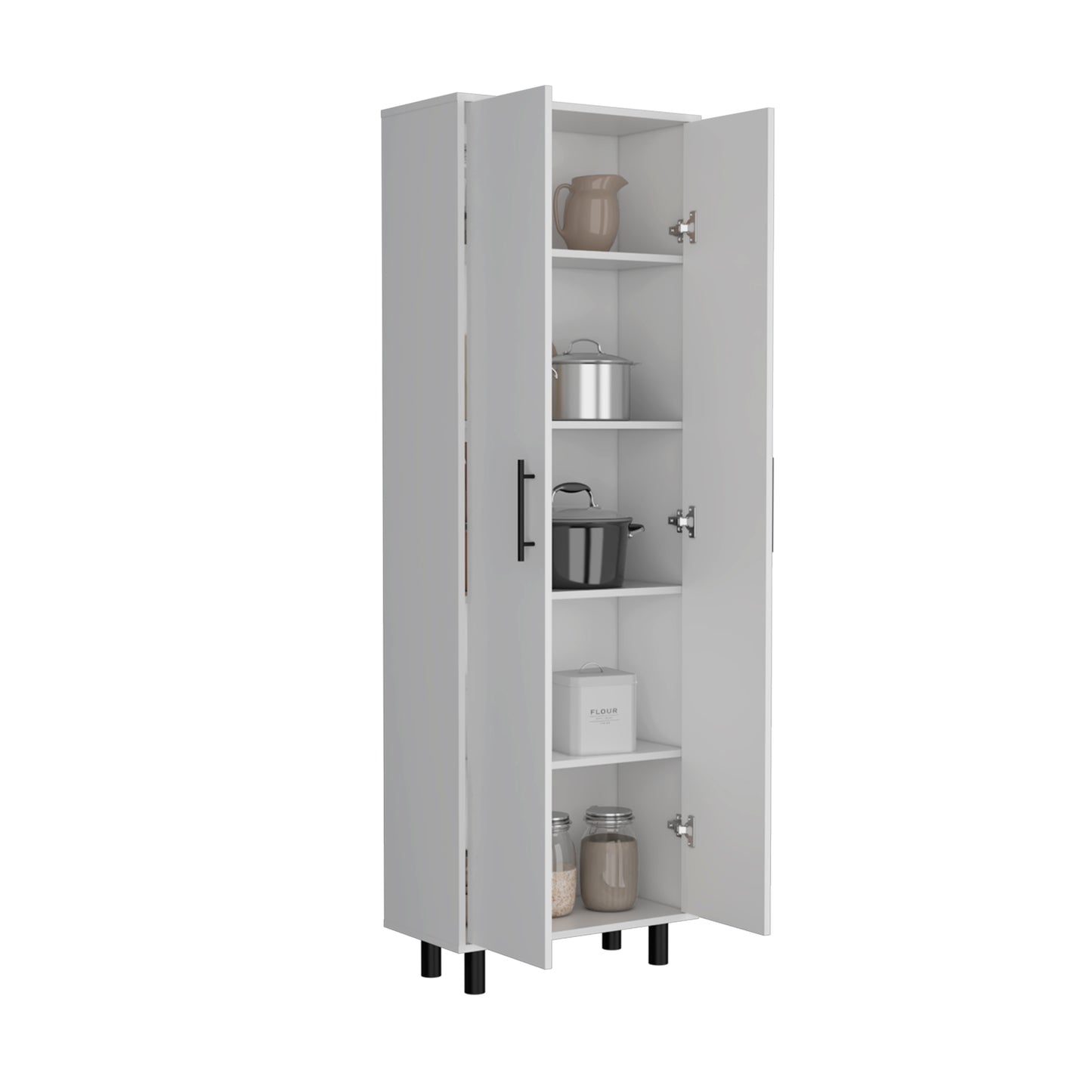 Tall white kitchen pantry cabinet with open doors and shelving