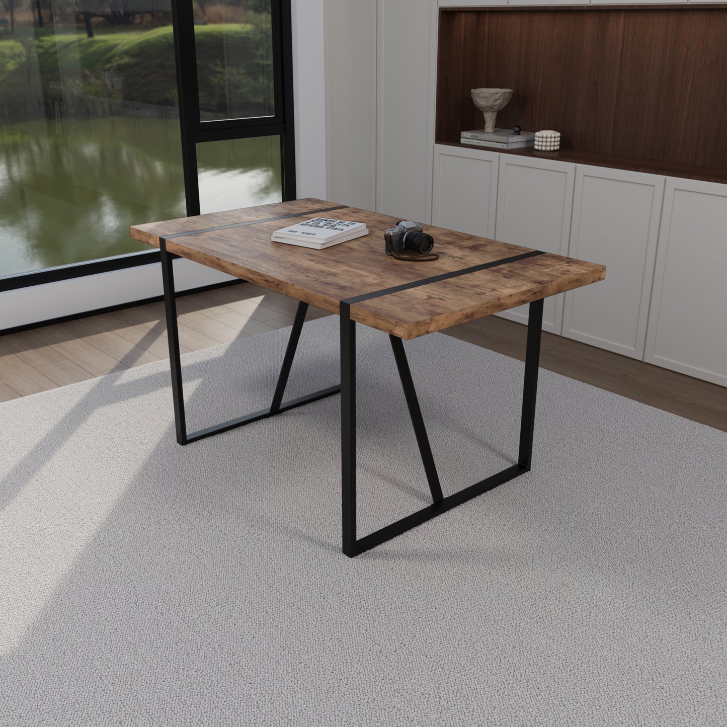 Rustic wood dining table with black metal legs perfect for modern farmhouse kitchens