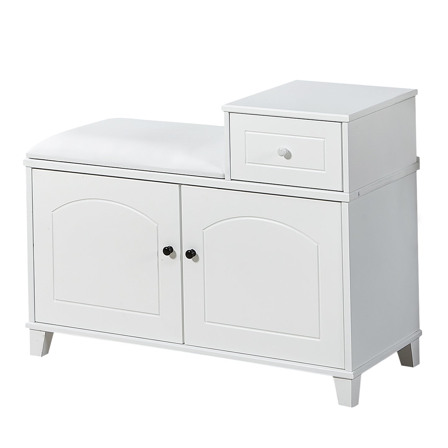 White entryway bench with storage
