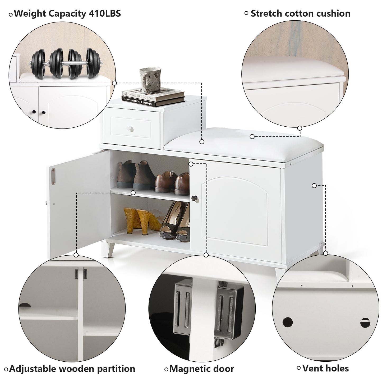 White shoe storage bench with cushioned seat