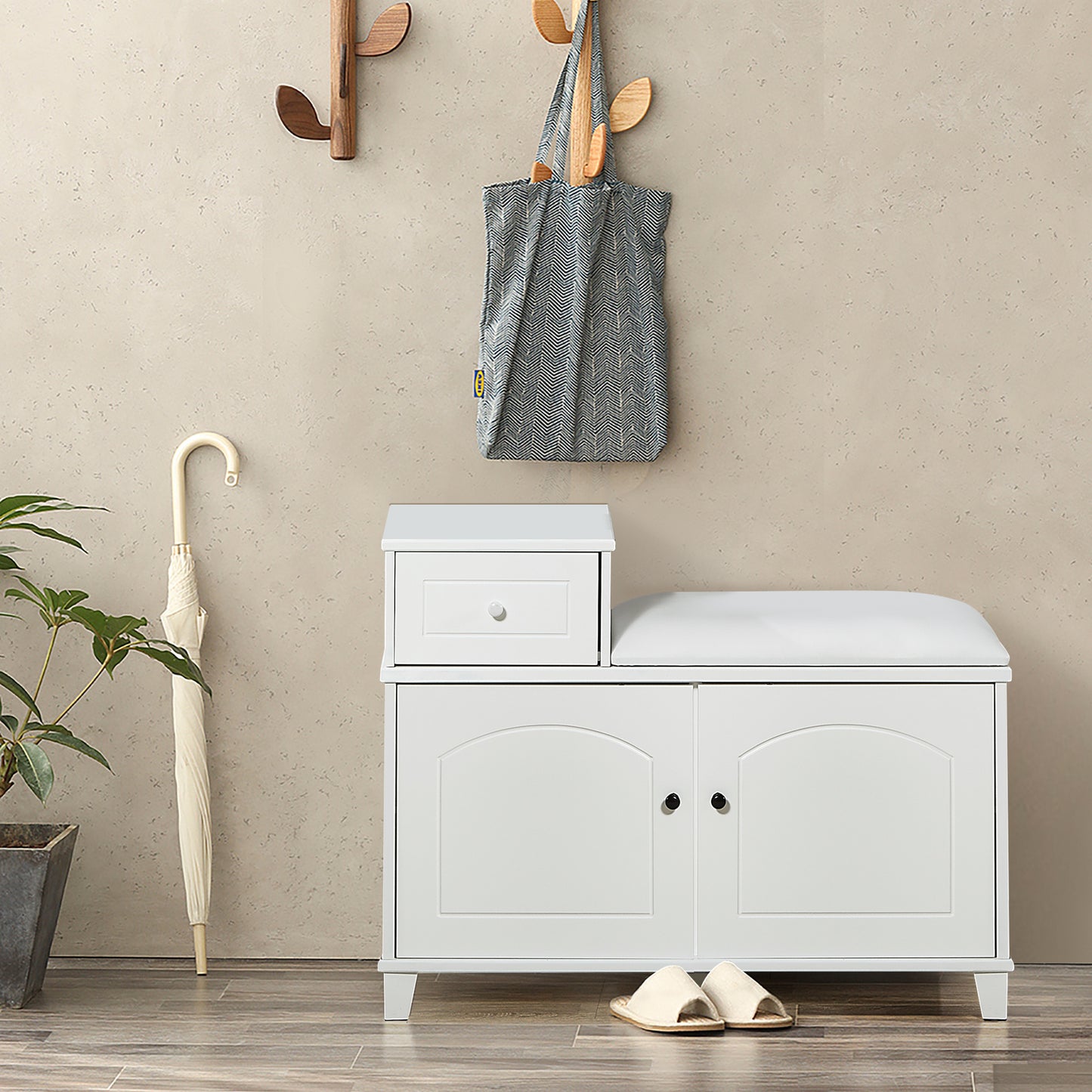 White entryway bench with shoe storage and padded seat