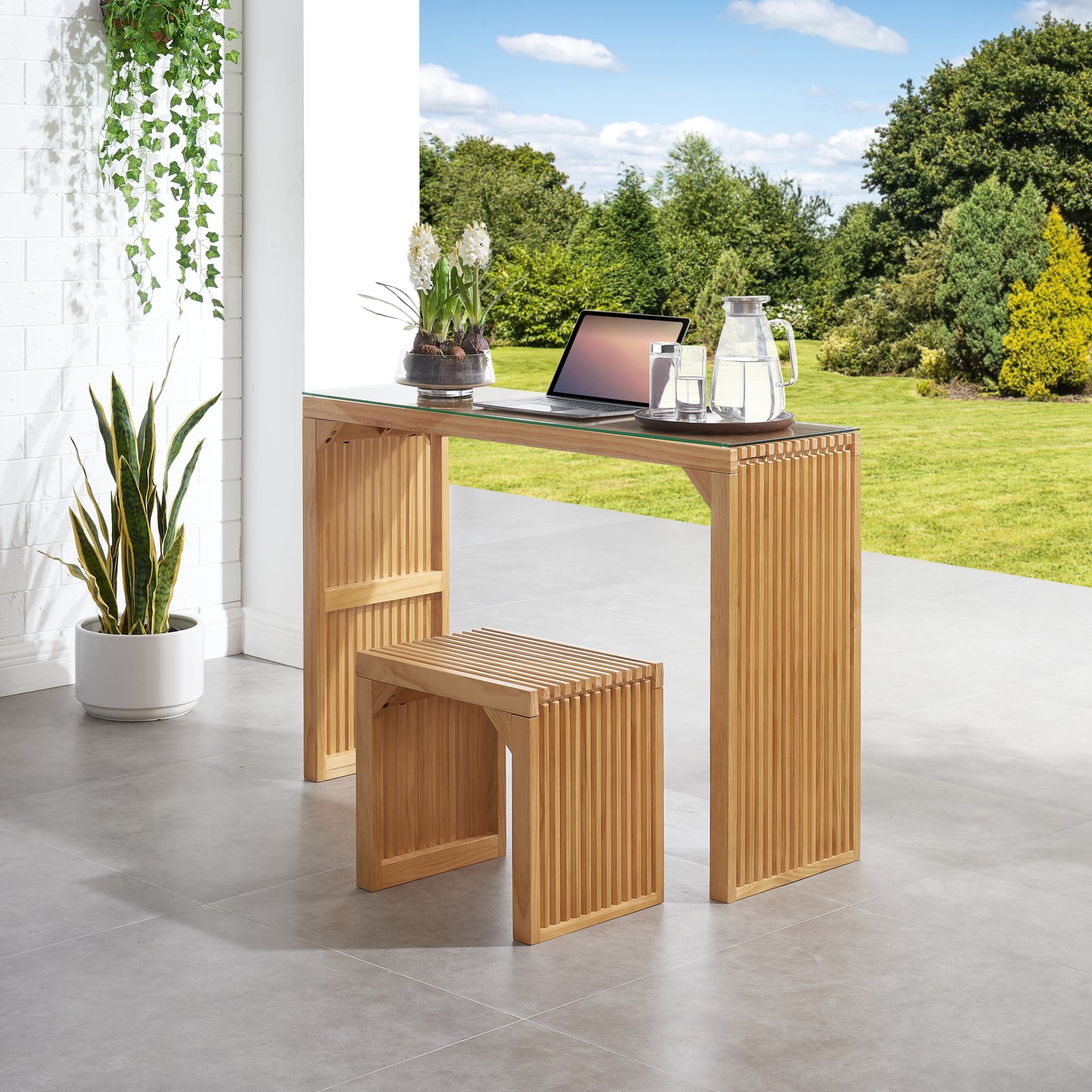 Natural wood writing desk with glass top and matching stool