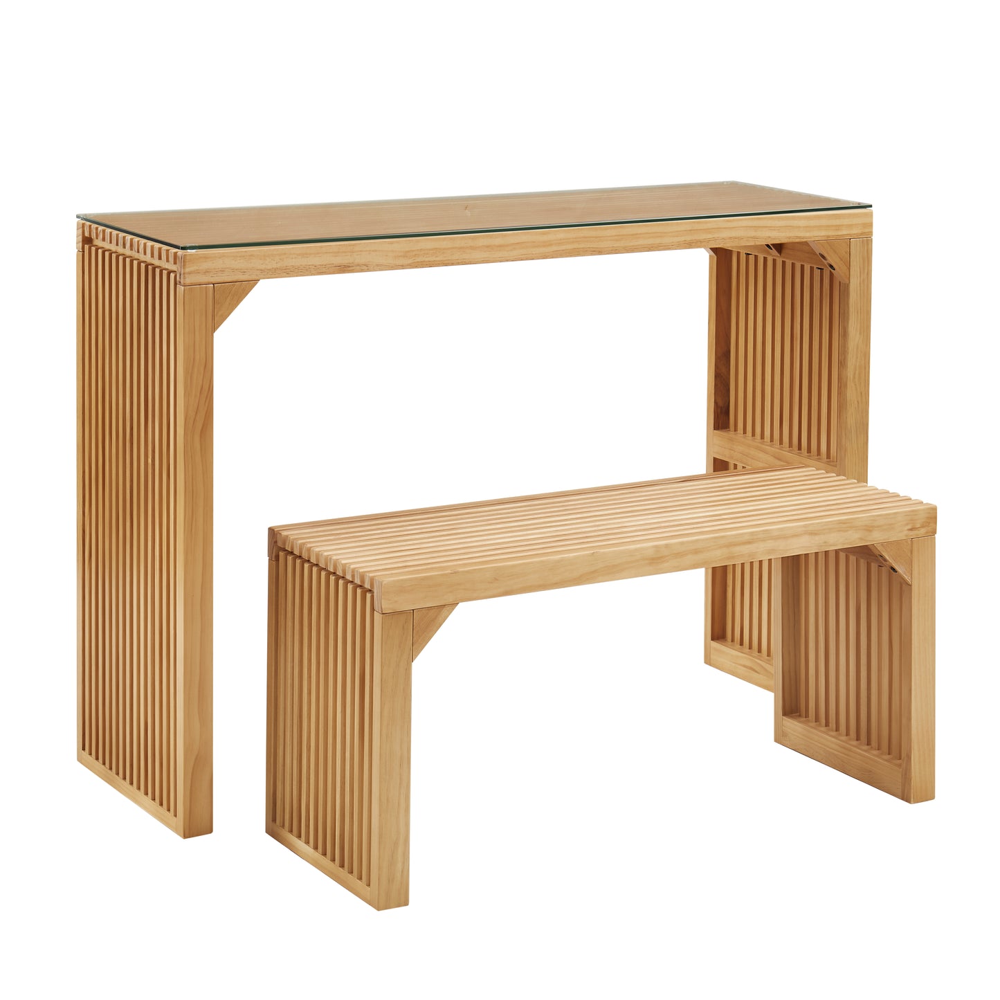 Natural wood console table with glass top and matching bench