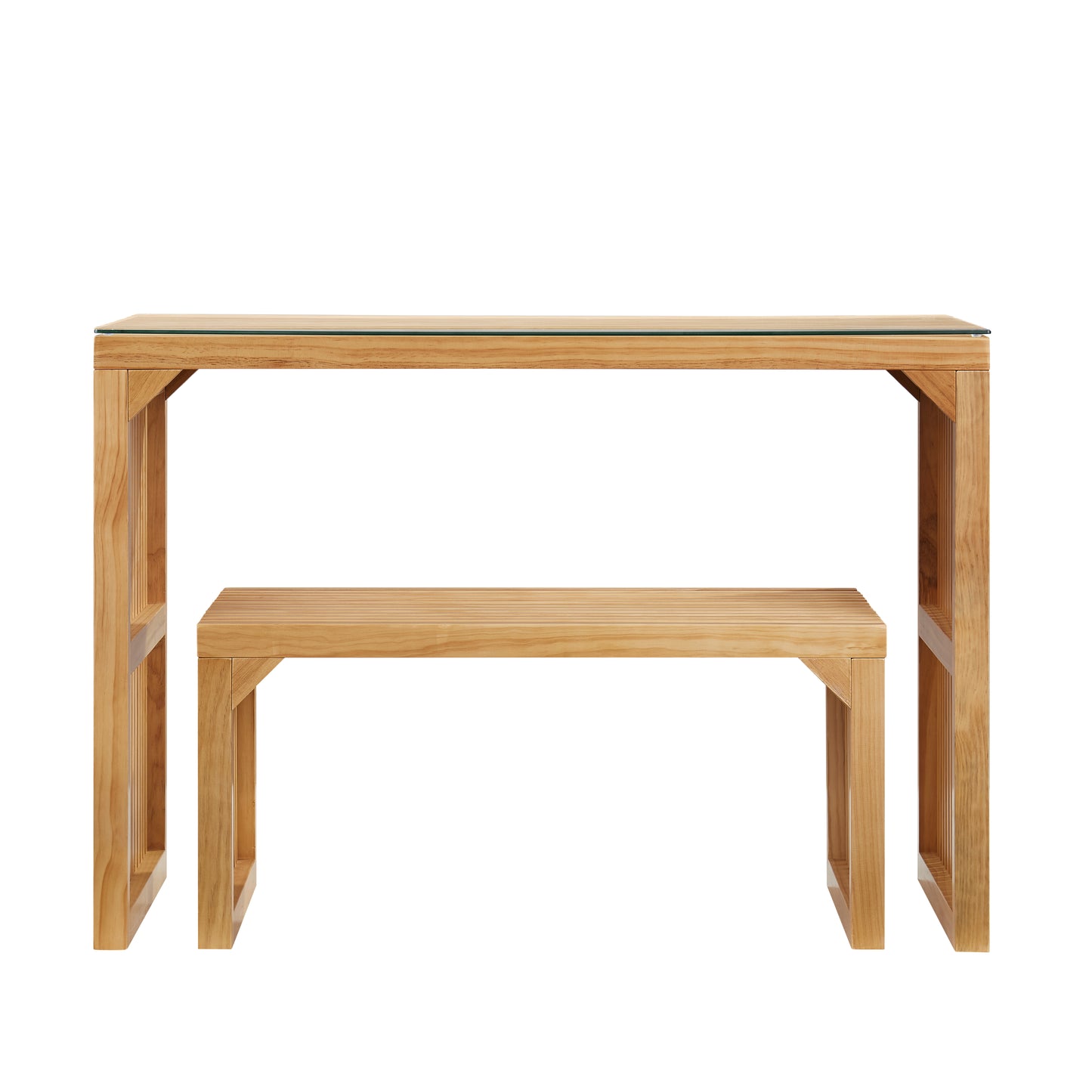 Wooden console table with glass top and matching bench