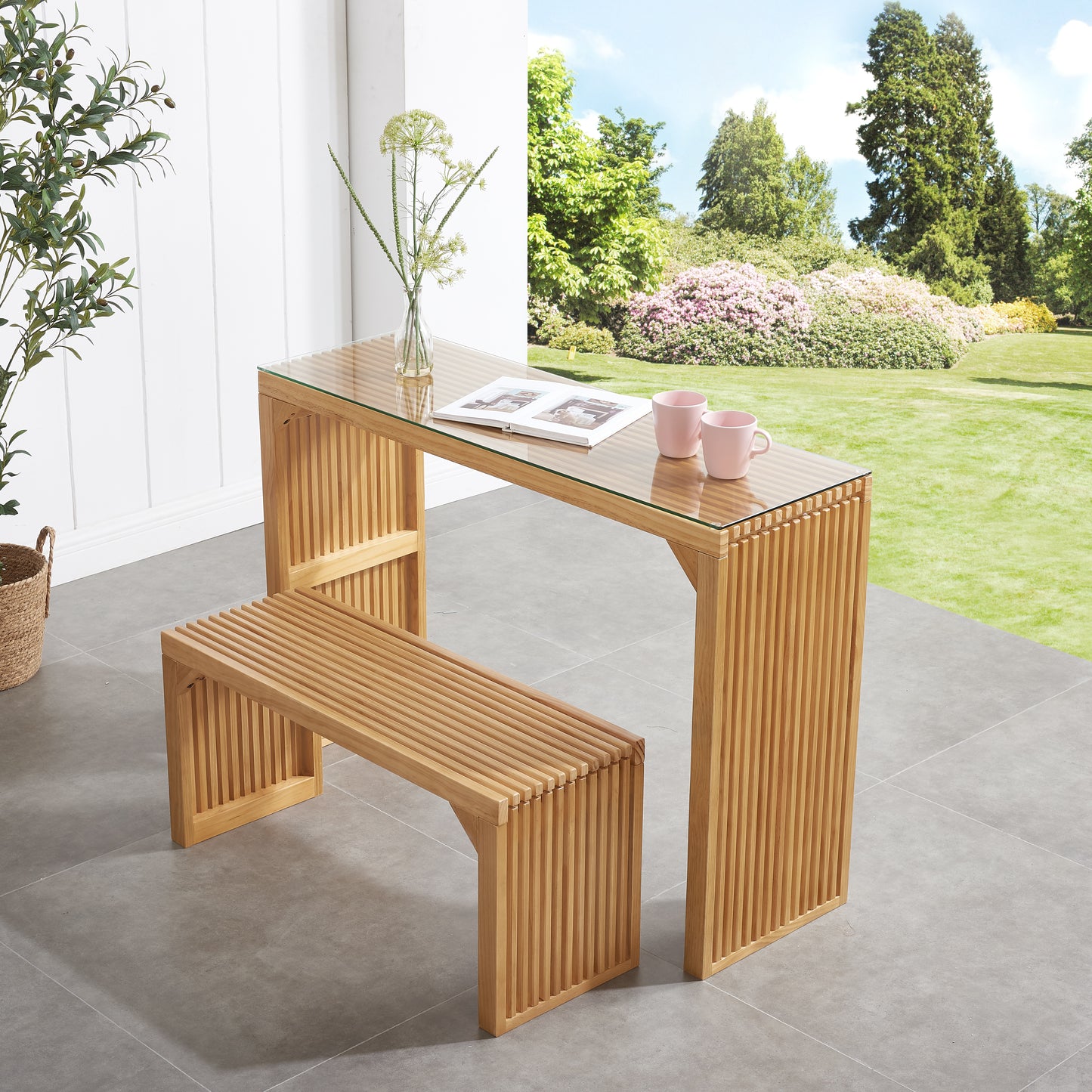 Modern slatted wood bench with glass top console table