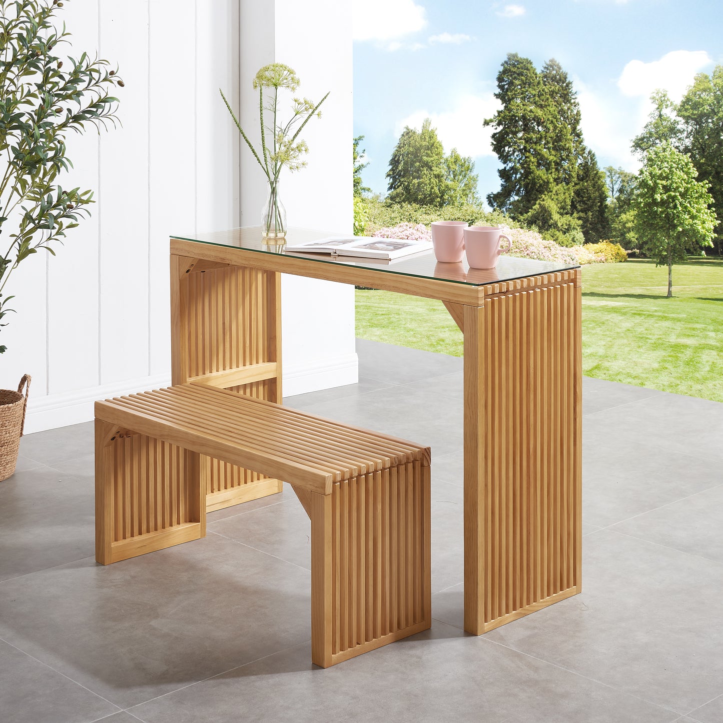 Natural wood console table with glass top and matching bench