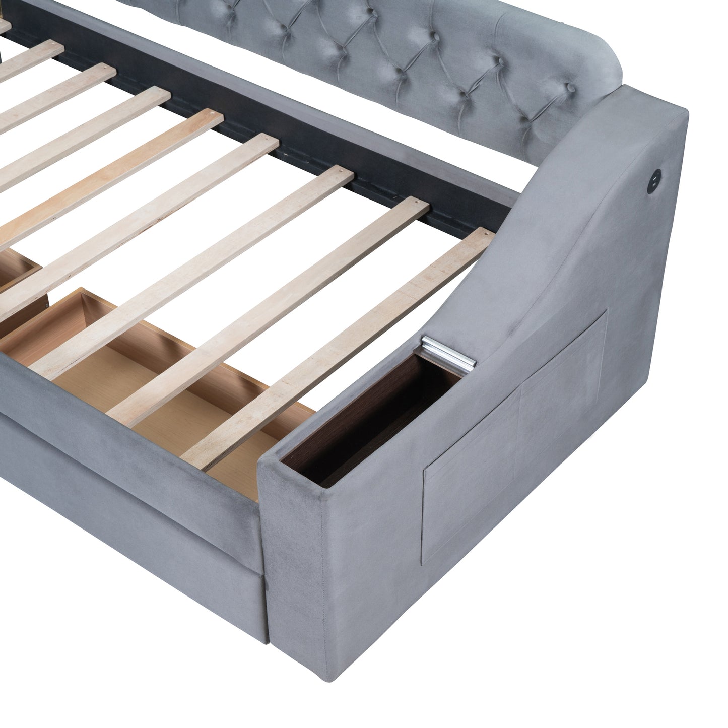 Grey velvet daybed with tufted headboard and builtin storage drawers