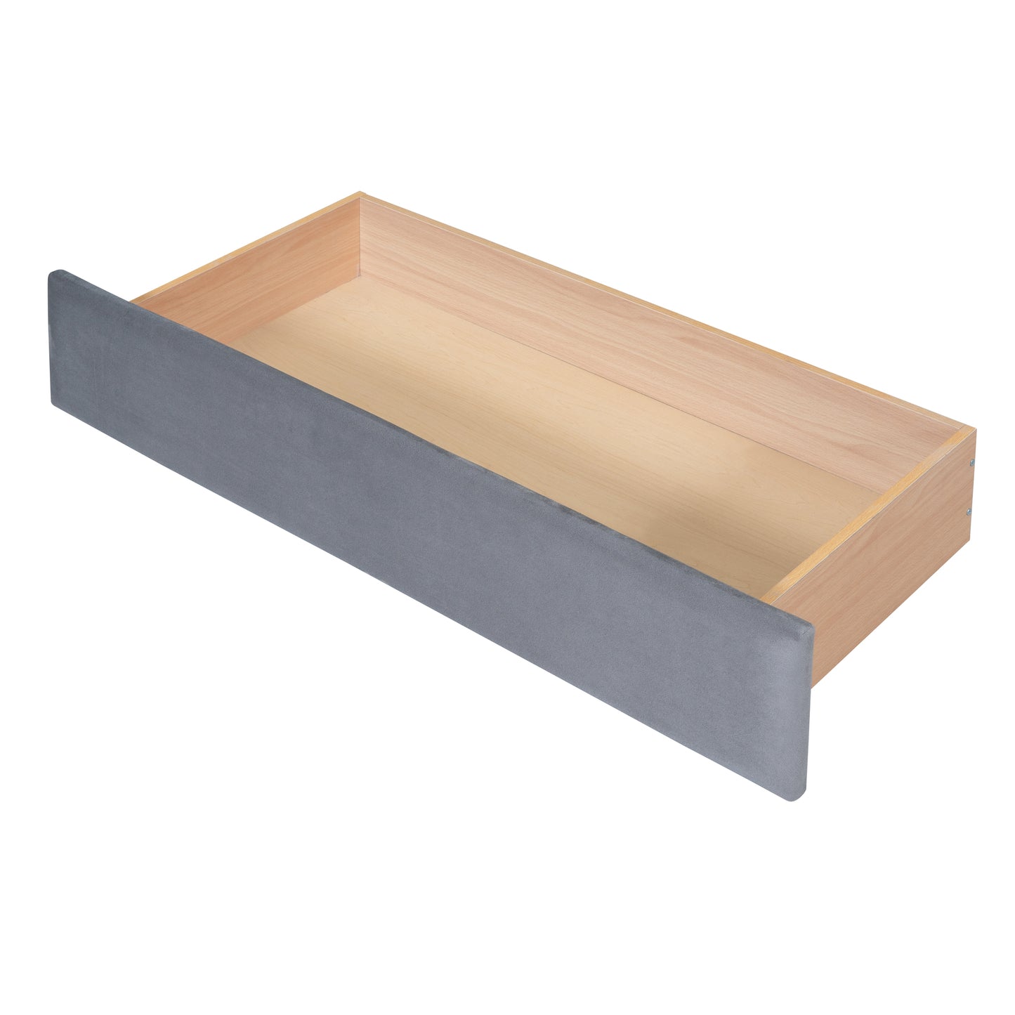 Gray upholstered drawer front with light wood interior