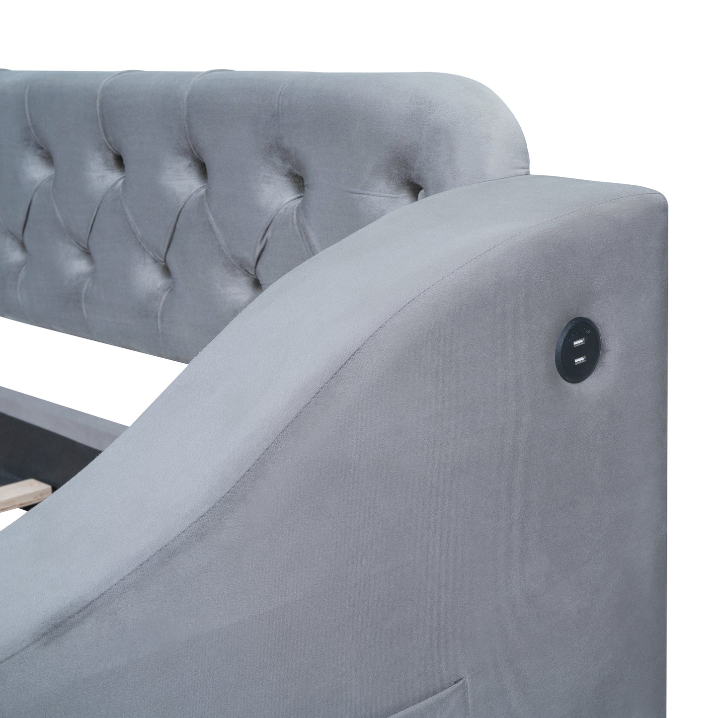 Gray velvet tufted headboard with integrated USB charging ports