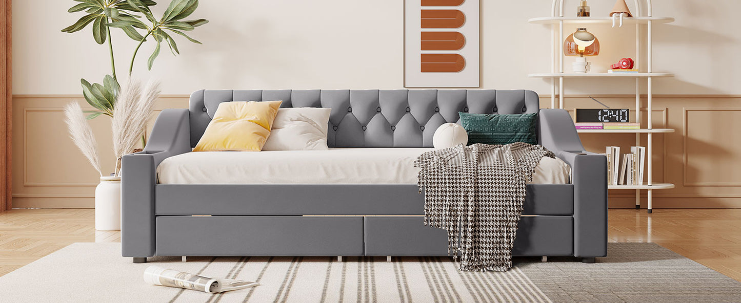 Grey velvet daybed with tufted back and two drawers