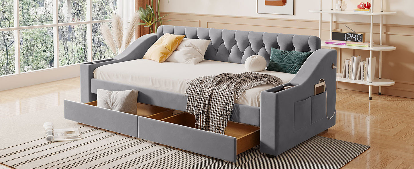 Grey velvet daybed with tufted back and pullout drawers