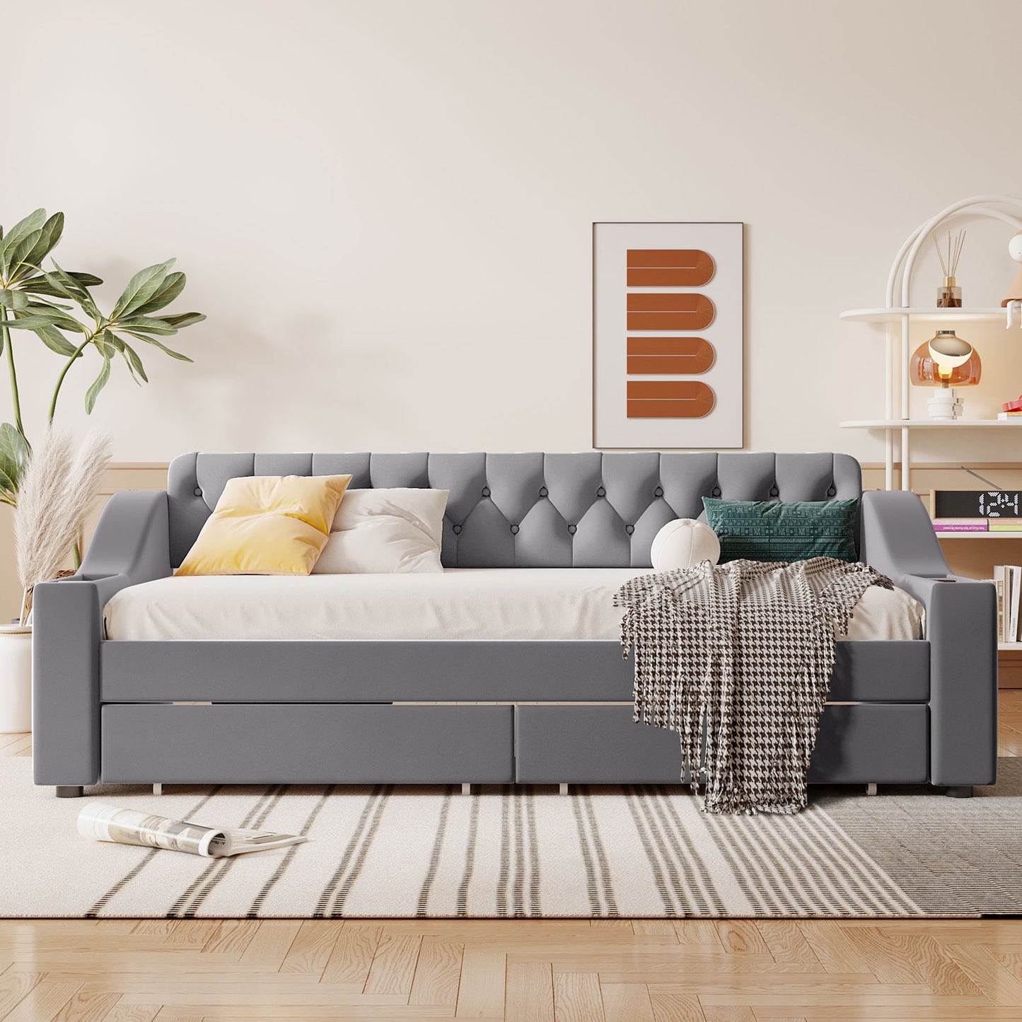 Gray velvet daybed with tufted back and storage drawers