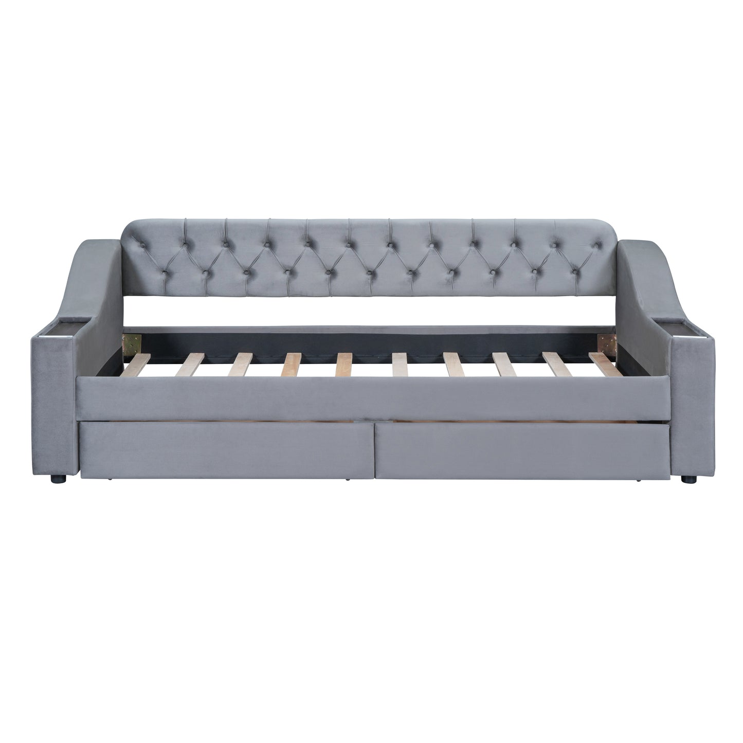 Grey velvet tufted daybed with pullout drawers and integrated cup holders