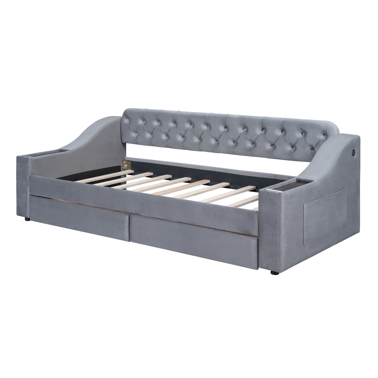 Gray velvet daybed with tufted back and builtin storage drawers