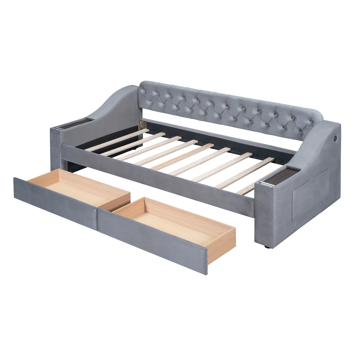 Grey velvet daybed with tufted headboard and pullout drawers