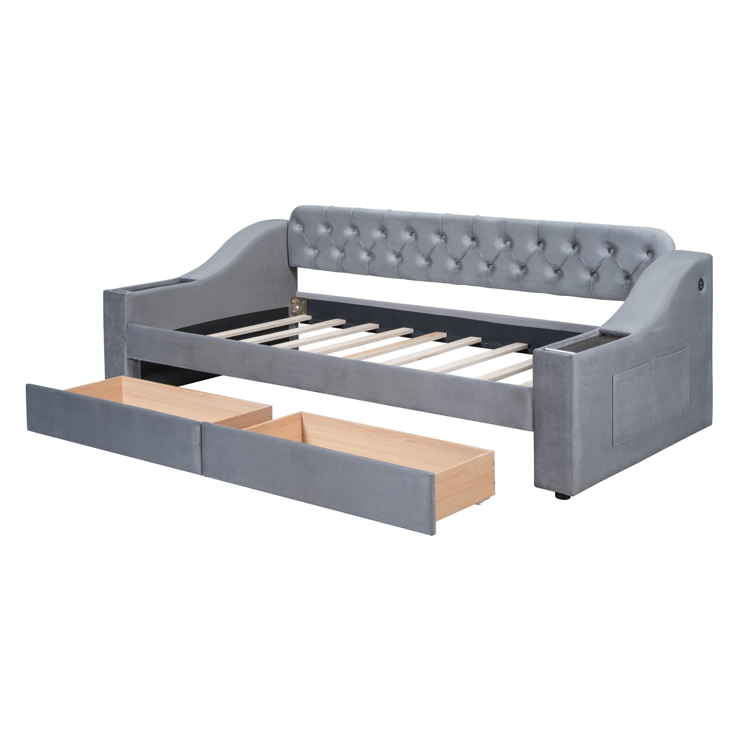Grey velvet daybed with tufted back and two drawers