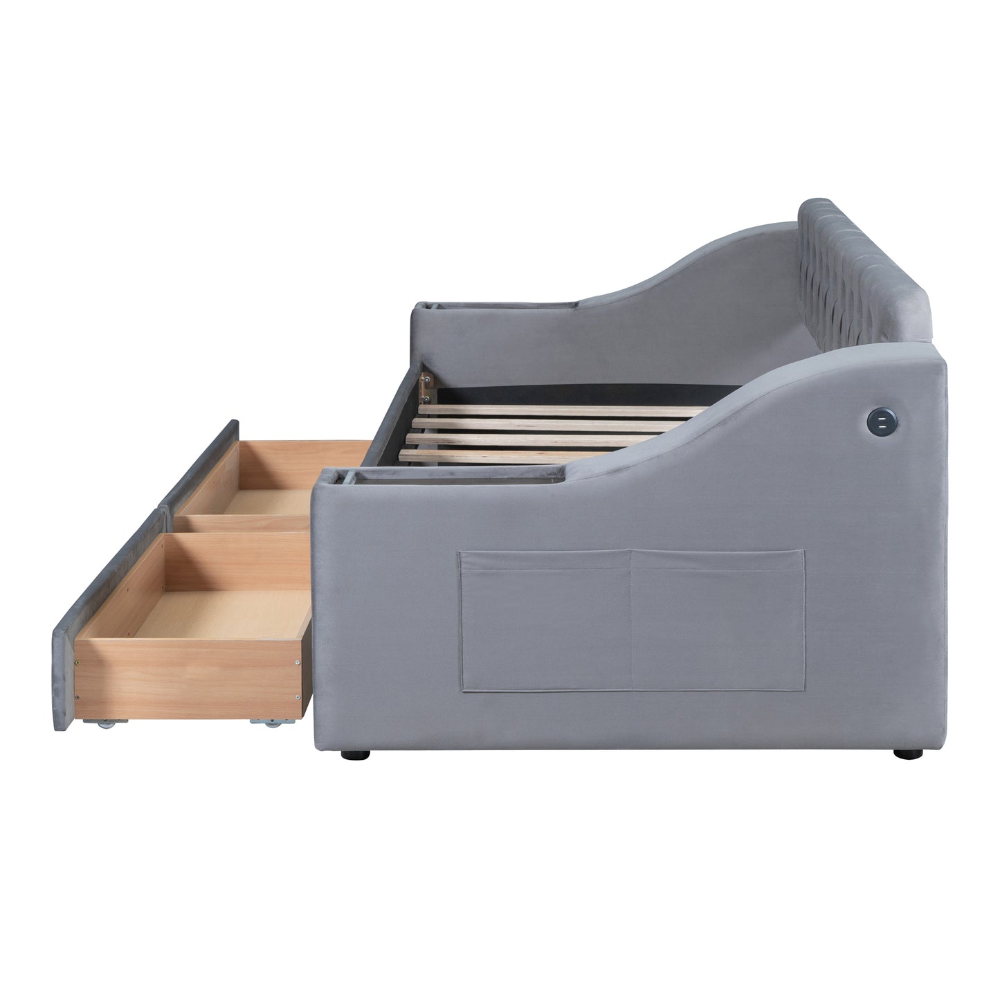 Grey velvet daybed with tufted back and pullout drawers