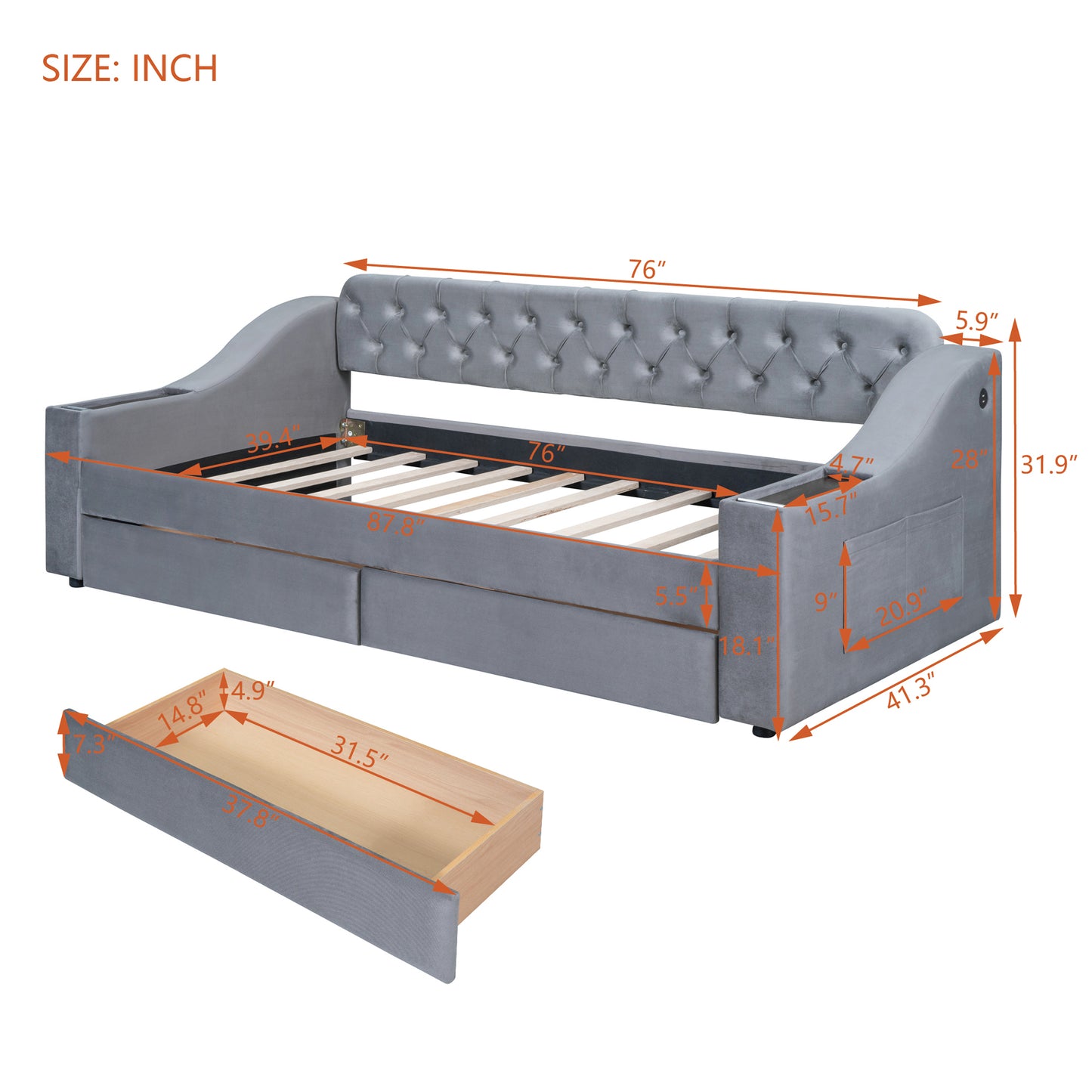 Gray velvet daybed with tufted back and builtin storage drawers