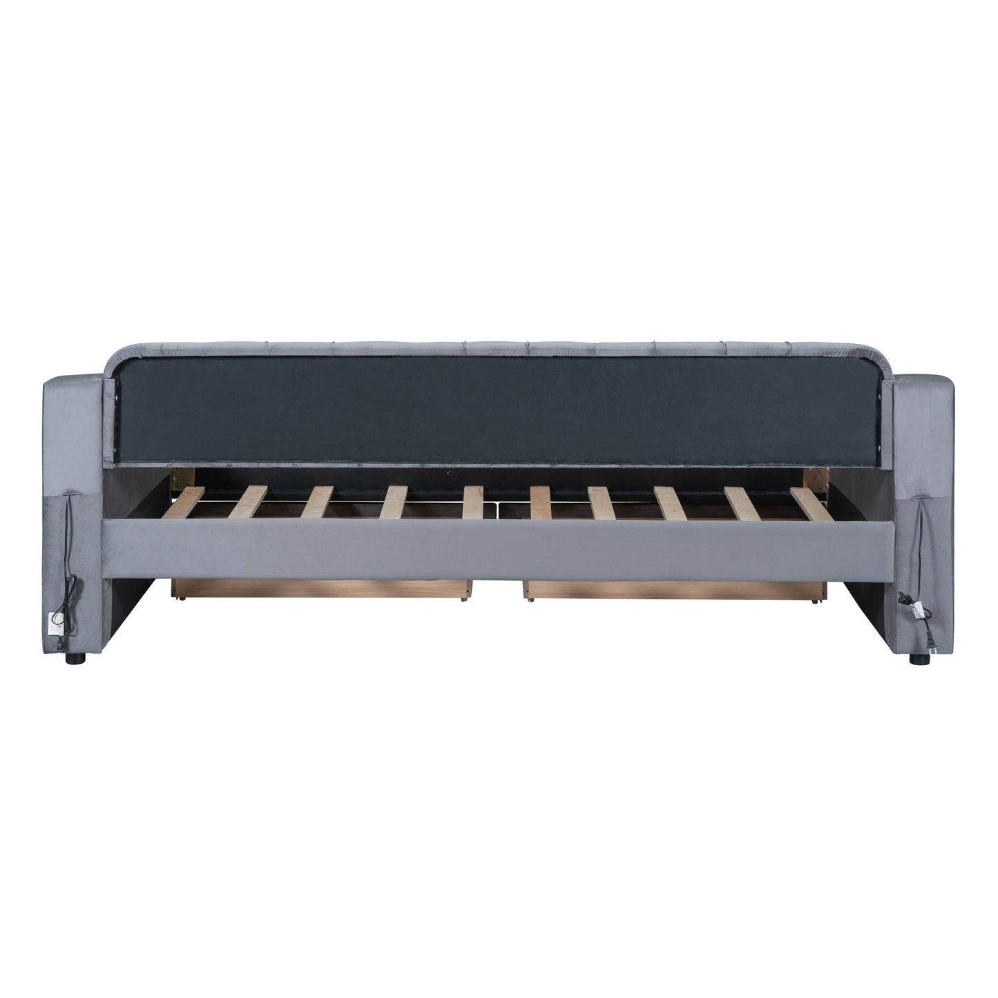 Gray velvet upholstered bed frame showing slat support and storage drawers