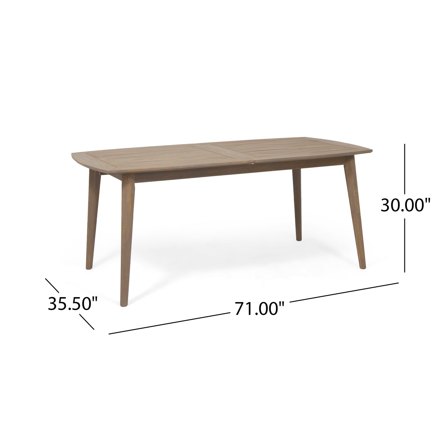 Weathered grey wood dining table with slatted top and tapered legs