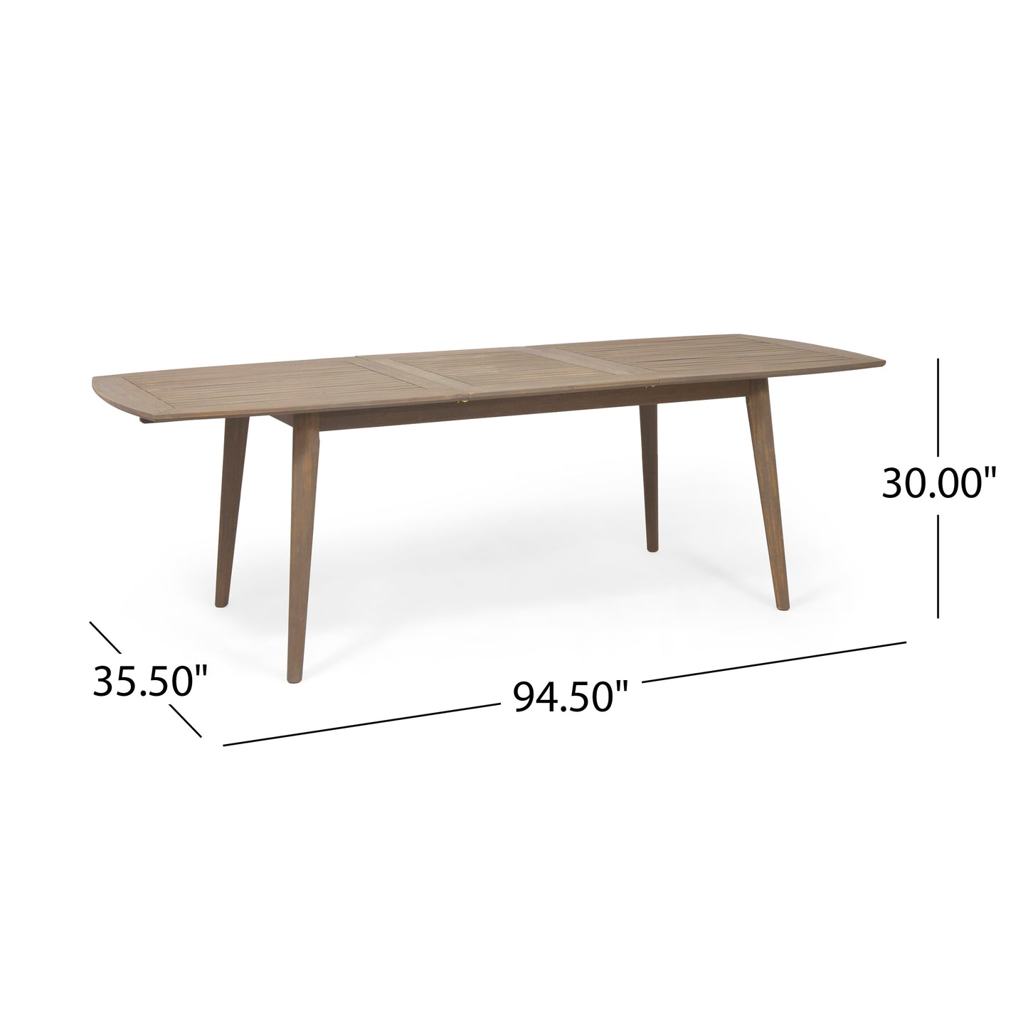 Extendable teak dining table with slatted surface and tapered legs perfect for outdoor entertaining