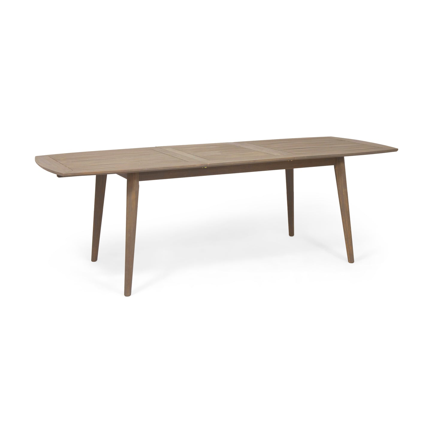 Wooden patio dining table with slatted top and tapered legs
