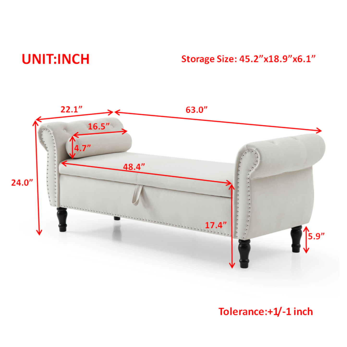 Cream tufted storage bench with rolled arms and studded trim