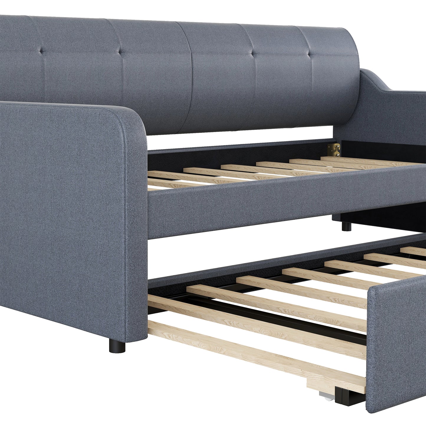 Gray upholstered daybed with pullout trundle bed frame