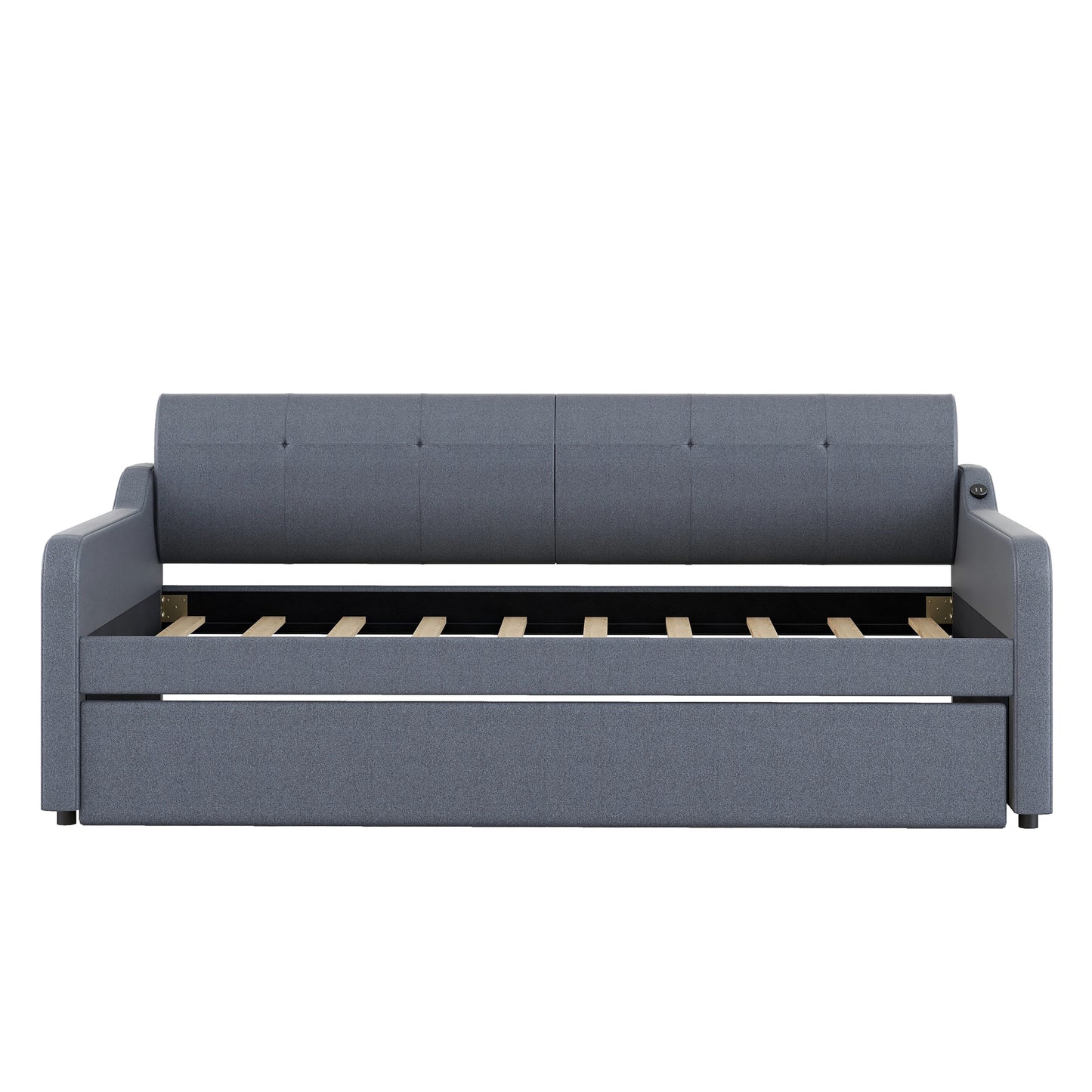 Gray fabric sofa bed with wooden slats exposed