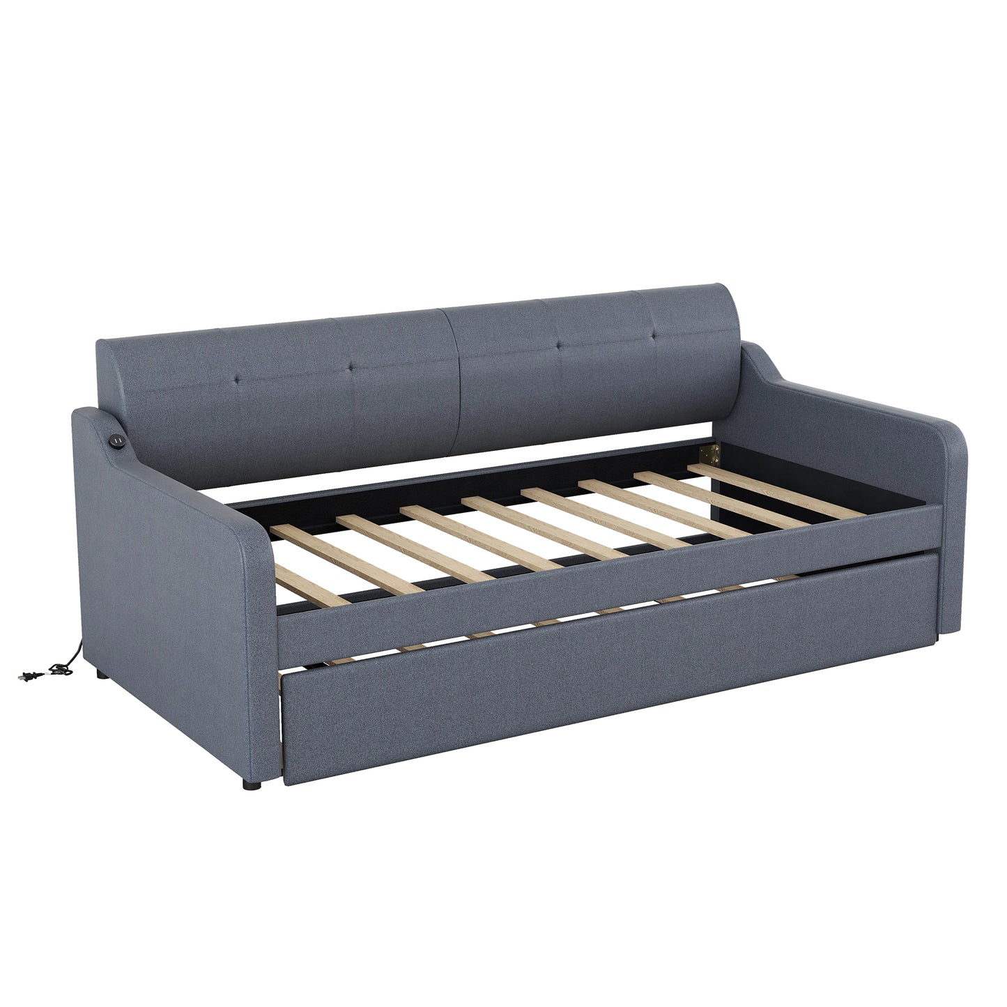 Gray upholstered daybed with pullout trundle and builtin charging port