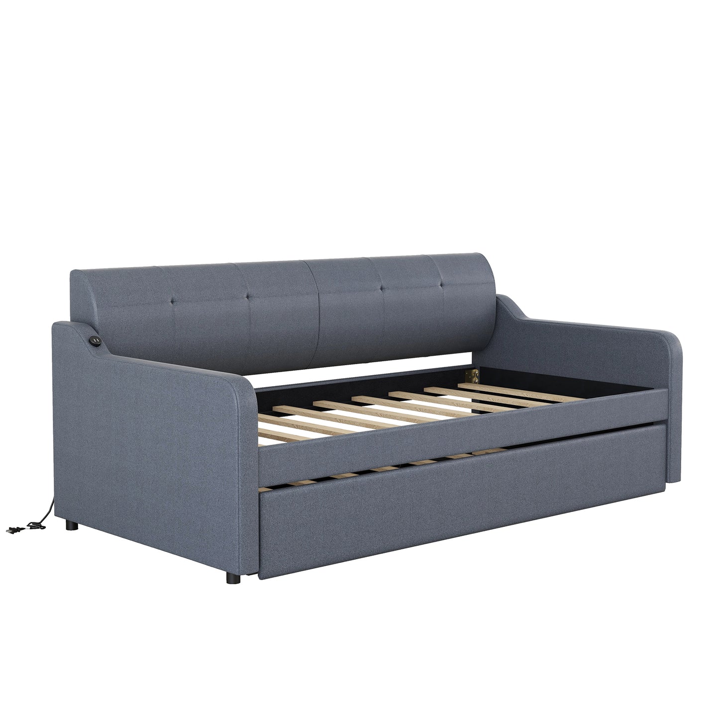 Gray upholstered sofa bed with pullout trundle and wooden slats