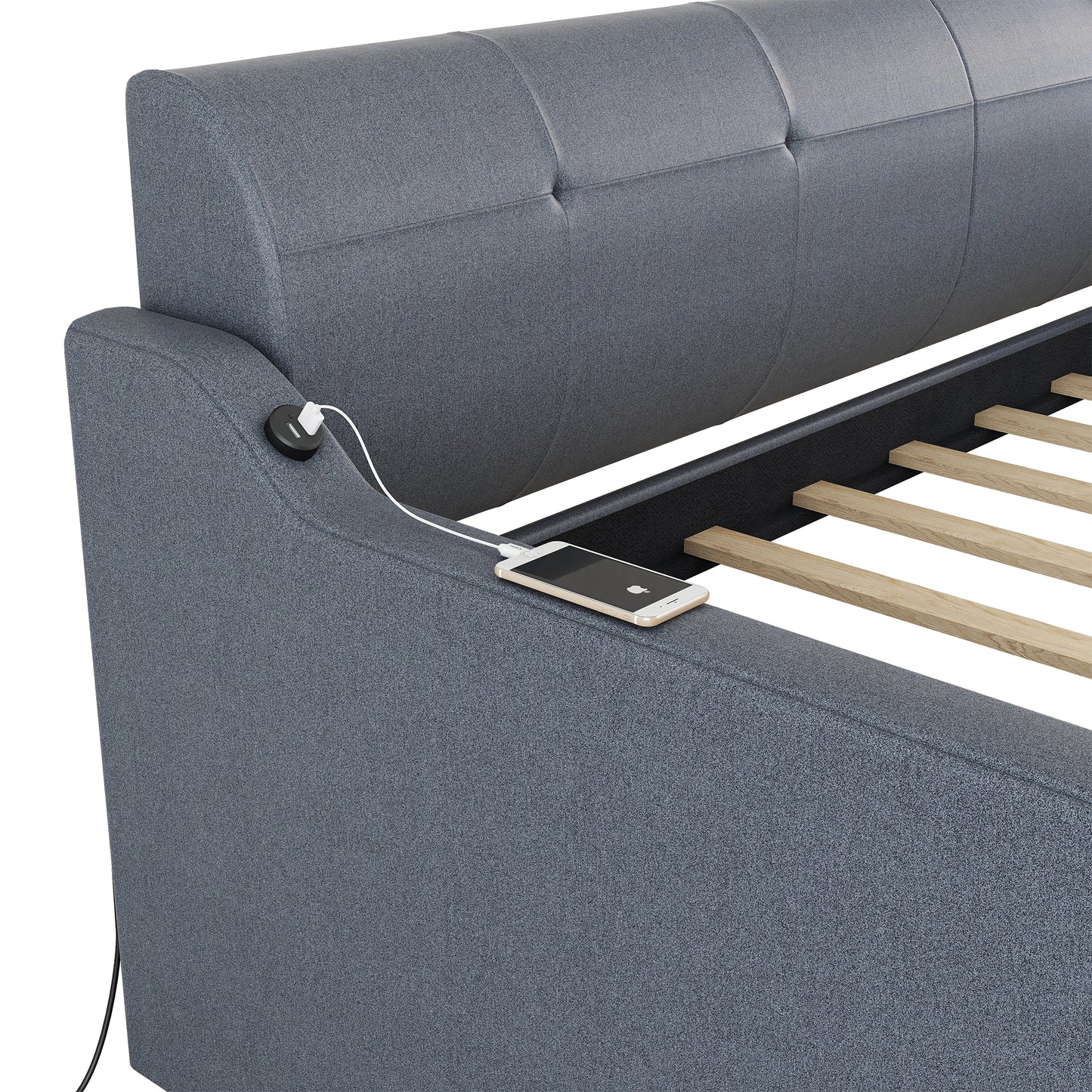 Gray upholstered bed frame with builtin USB charging port and wooden slats